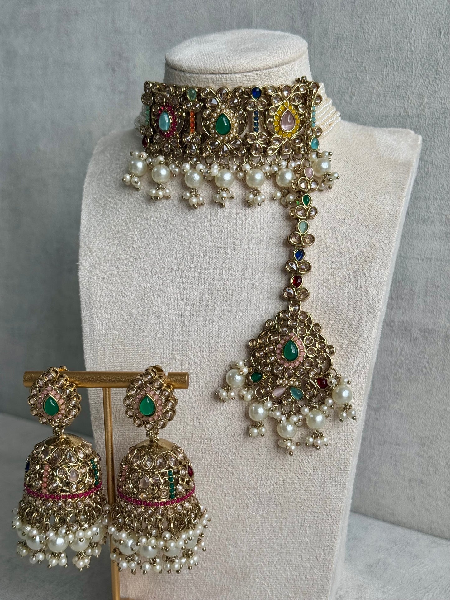 Ayura Designs Rangrez Choker Set with Tikka & Jhumkis – Kundan & Pearl in Multicolor Antique Gold