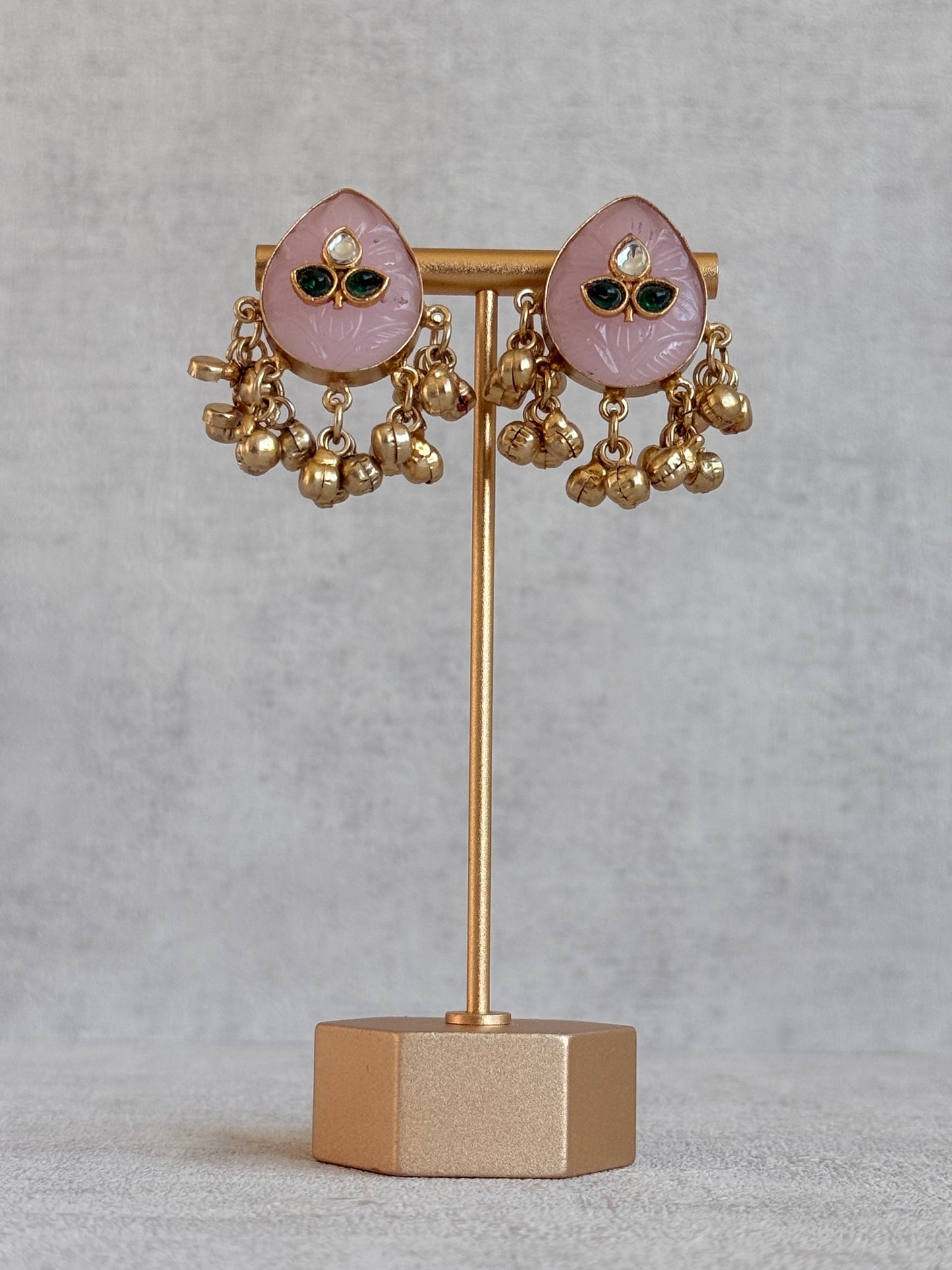 Ayura Designs Aykai Earrings – Baby Pink Carved Teardrop Stud Earrings with Clear Kundan Stones and Gold Ghungroo Drops