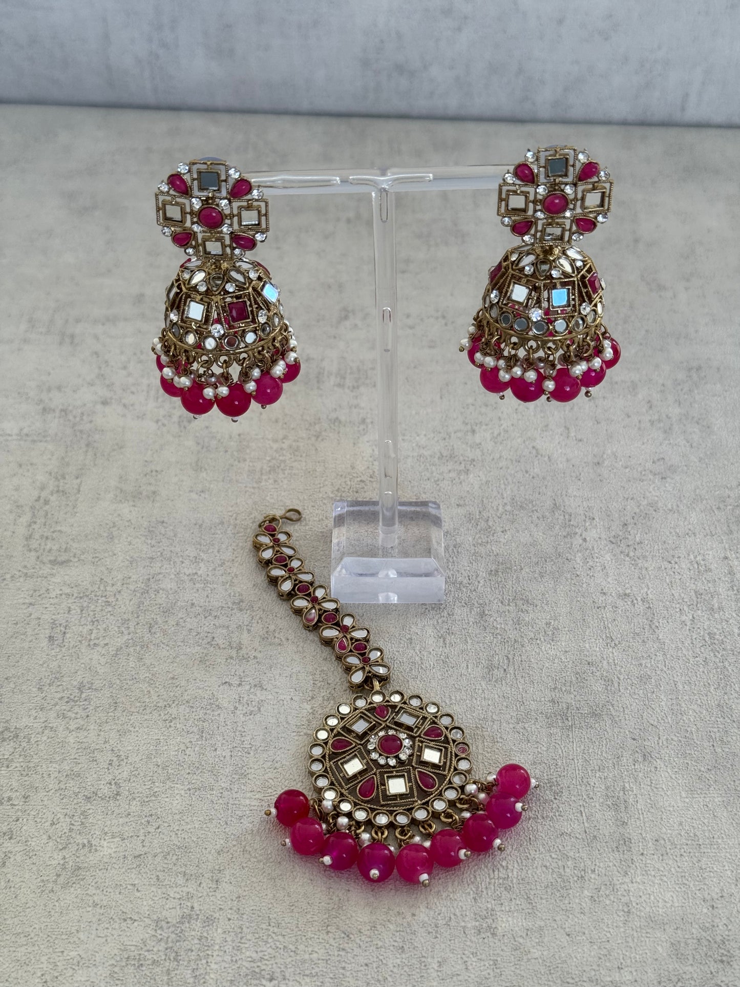 Ayura Designs Heer Tikka Set with Jhumkis – Pink, Mirror & Polki Stonework