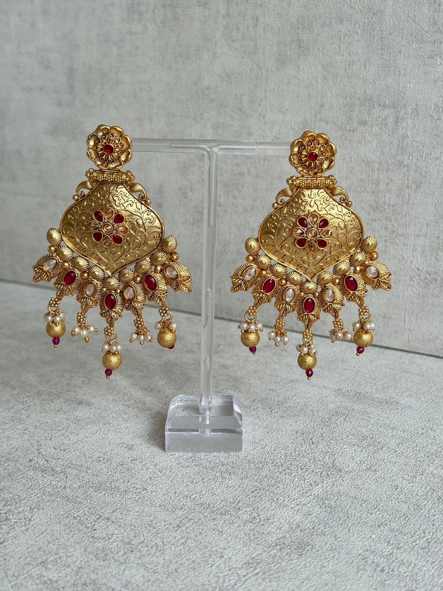 Ayura Designs Neha Earrings – Antique Gold with Ruby Red Stones & Pearl Detailing
