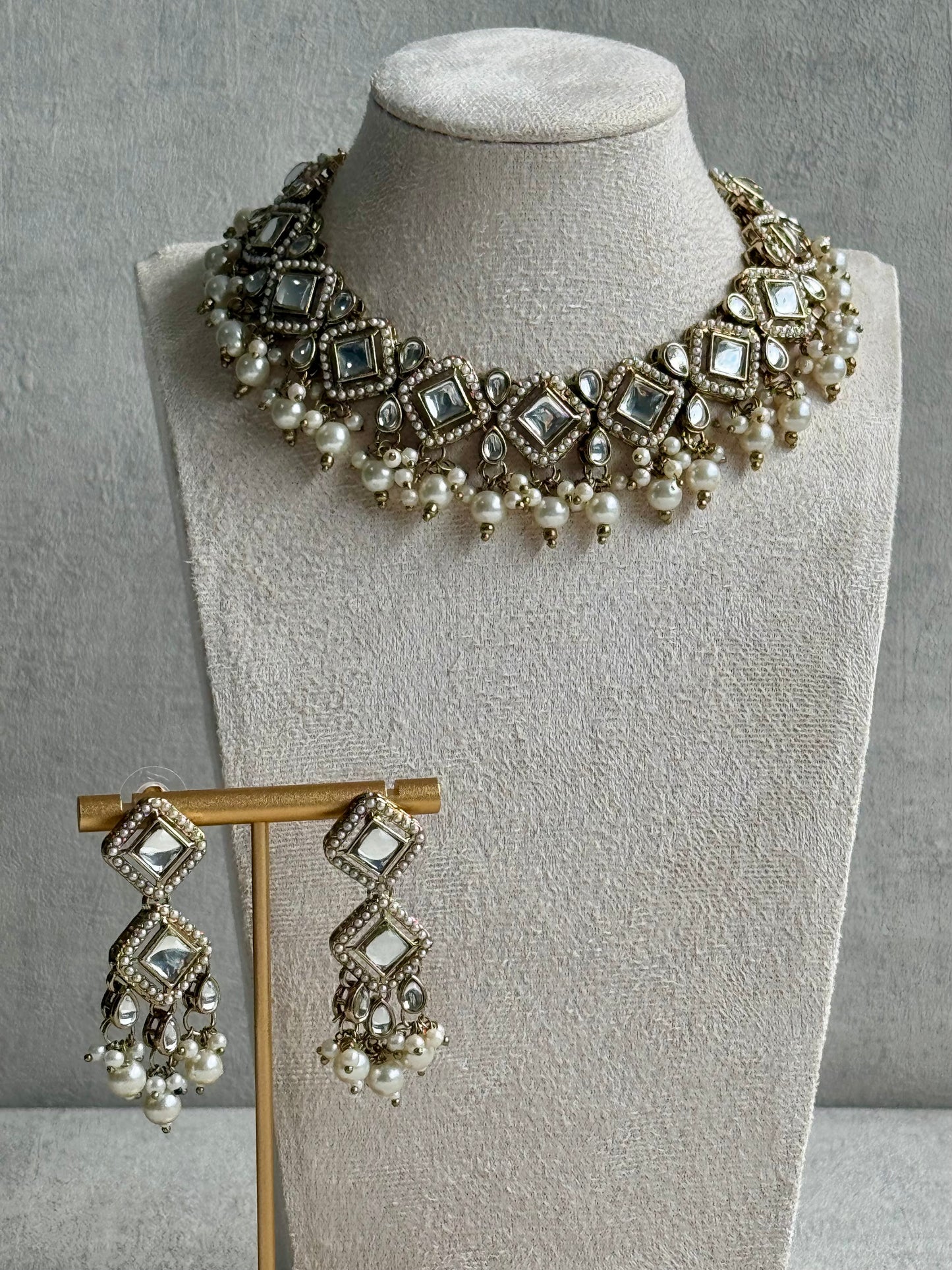 Ayura Designs Talia Set with Earrings & Tikka – Champagne Gold, Kundan & Pearls