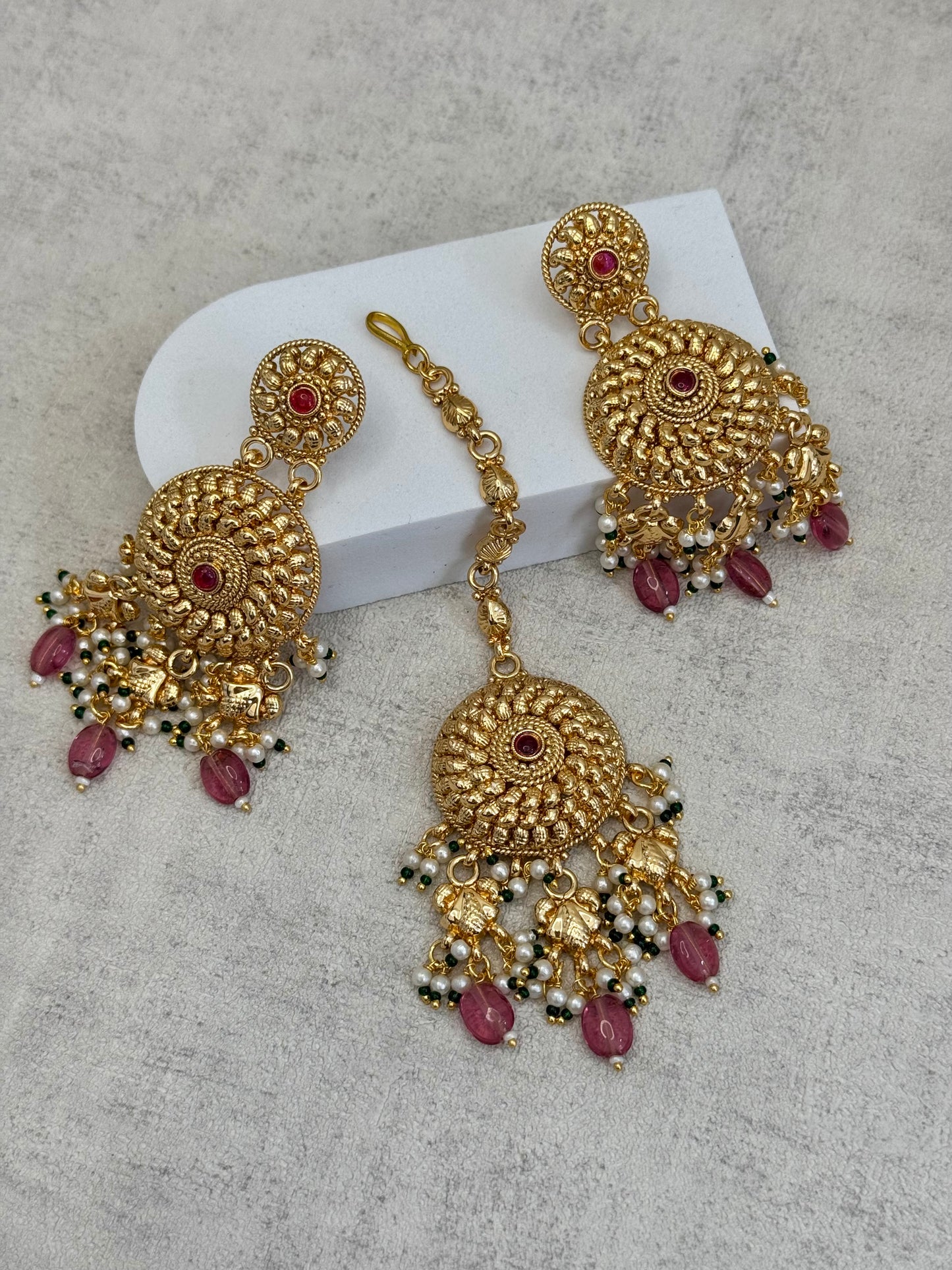 Ayura Designs Hoor Tikka & Earrings – Opulent Gold Adornment with Radiant Pink, Green and White Beads