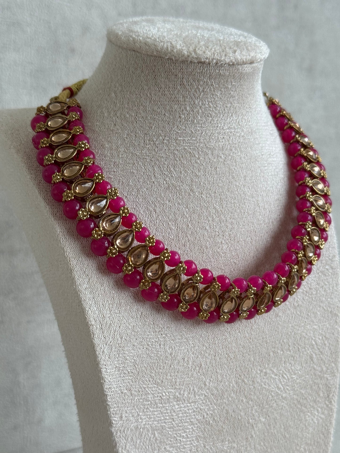 Ayura Designs Hala Set with Tikka & Studs – Magenta Beads & Champagne Kundan