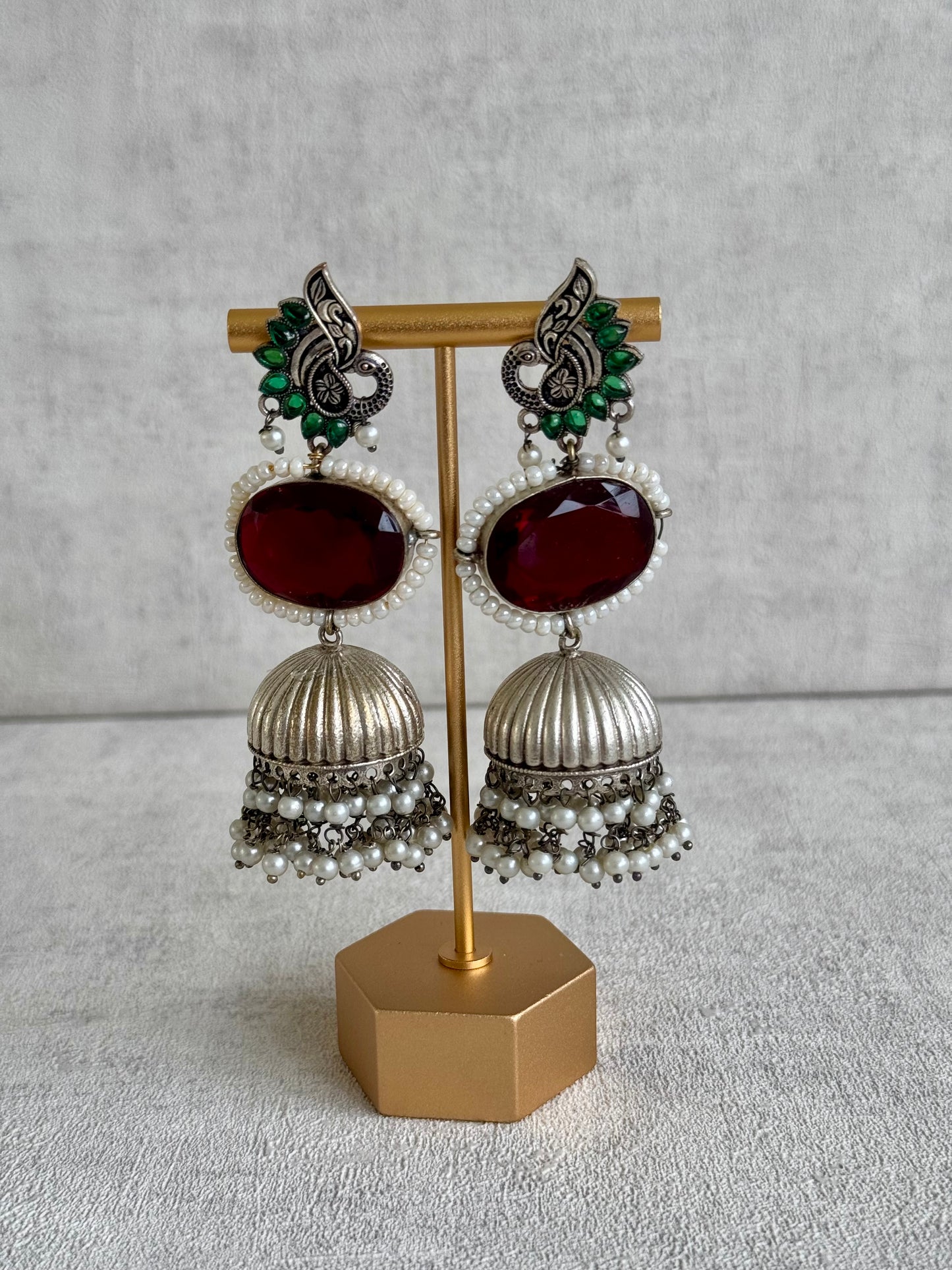 Ayura Designs Rhea Earrings – Ruby Red Stone, Green Enamel, Peacock Motif & Pearl Dome Drops