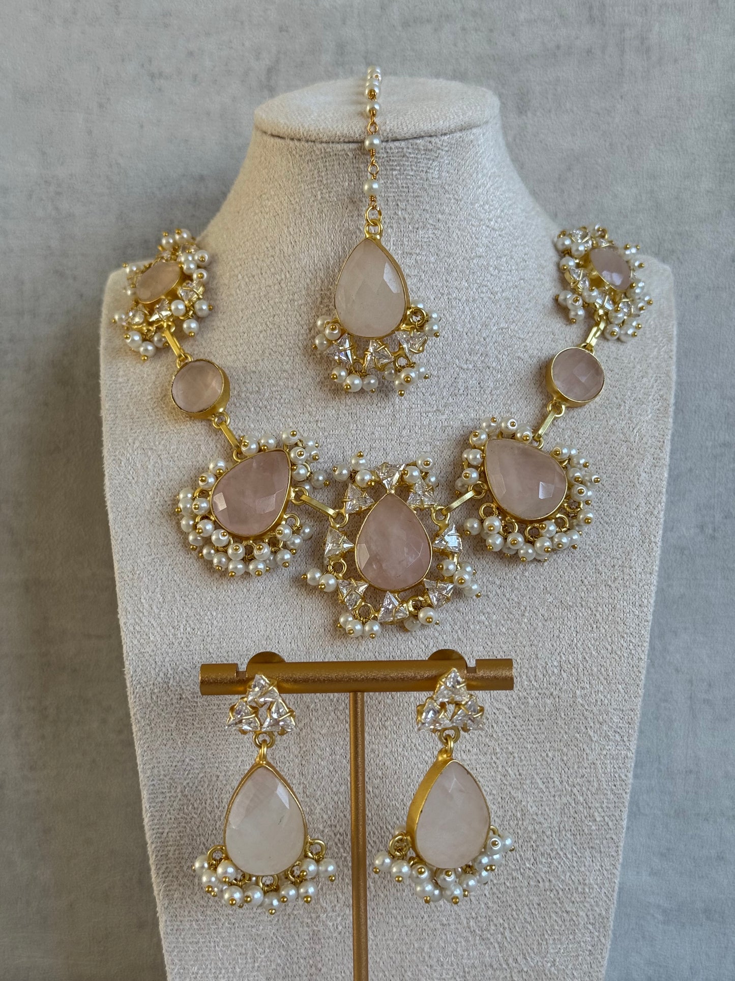 Ayura Designs Rosa Set with Tikka & Earrings – Rose Quartz, Crystals & Pearls