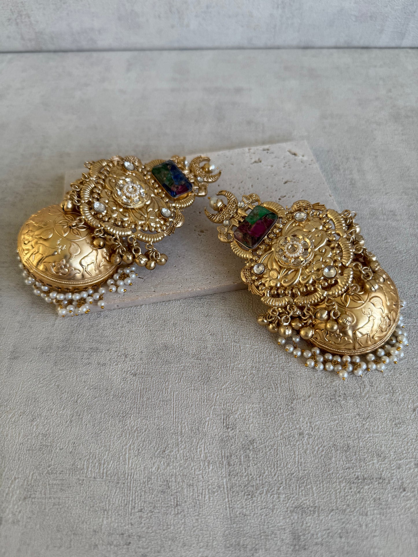 Ayura Designs Adeeba Earrings – Antique Gold Temple Jhumkas with Multicolour Stone Accent & Pearl Drops