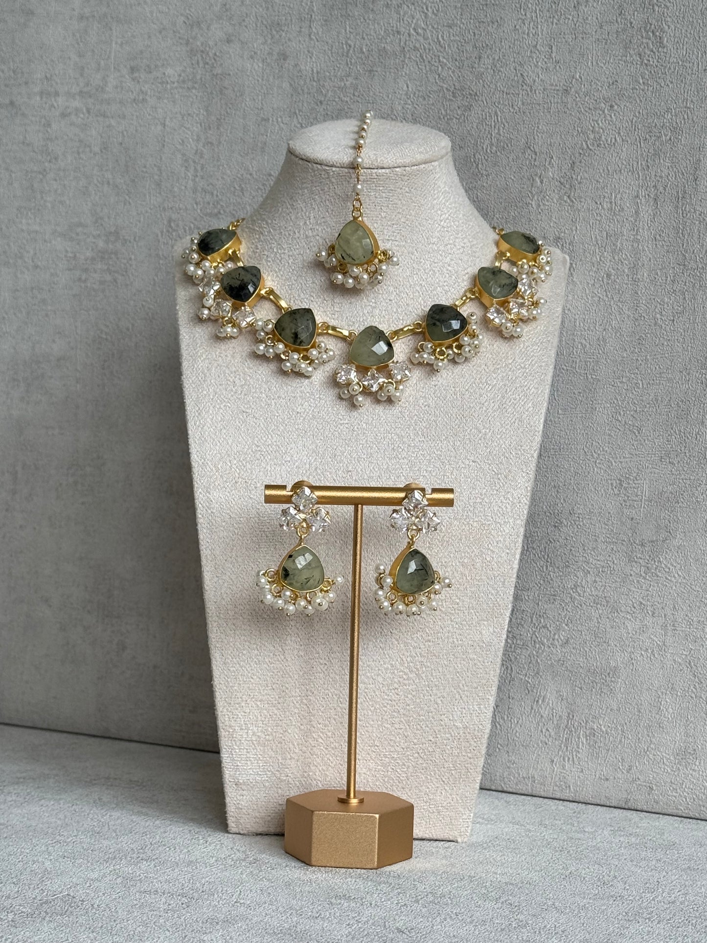 Ayura Designs Lala Set with Tikka & Earrings – Prehnite, Swarovski Crystals & Pearls