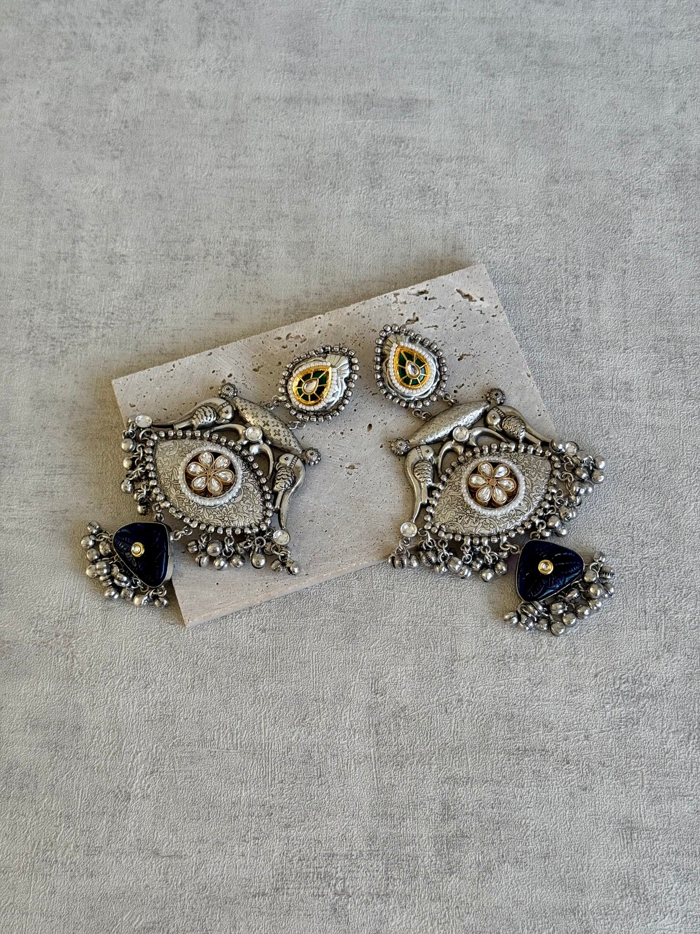 Ayura Designs Haniya Earrings – Oxidised Silver with Enamelled Green Studs, Floral Motifs & Cobalt Blue Drops