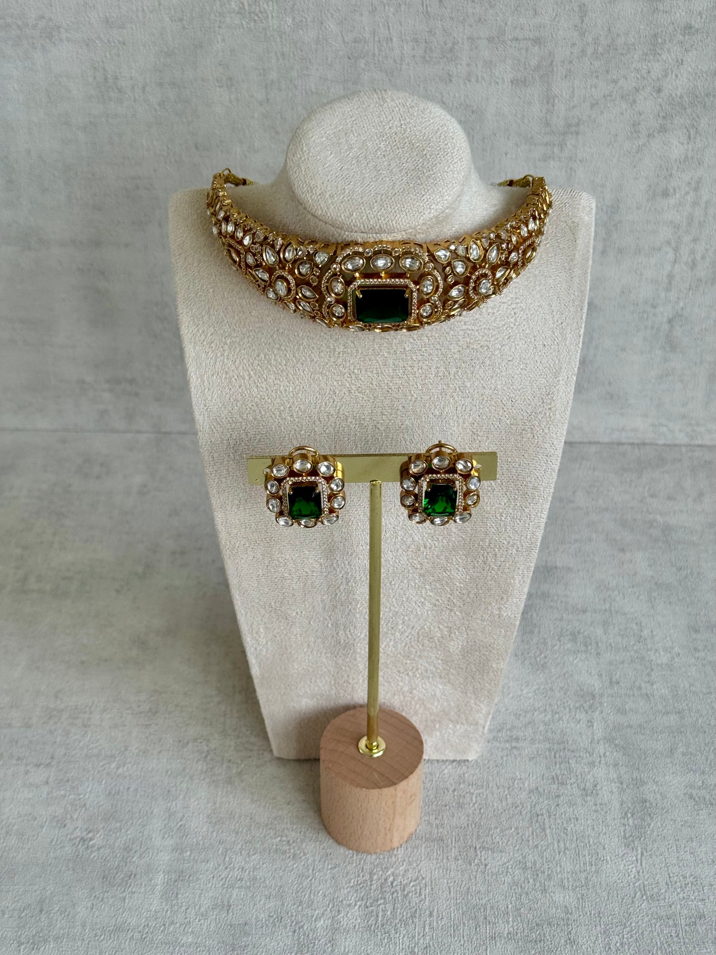 Ayura Designs Akasha Choker Set with Stud Earrings – Emerald Green Moissanite Stones & Antique Gold Finish