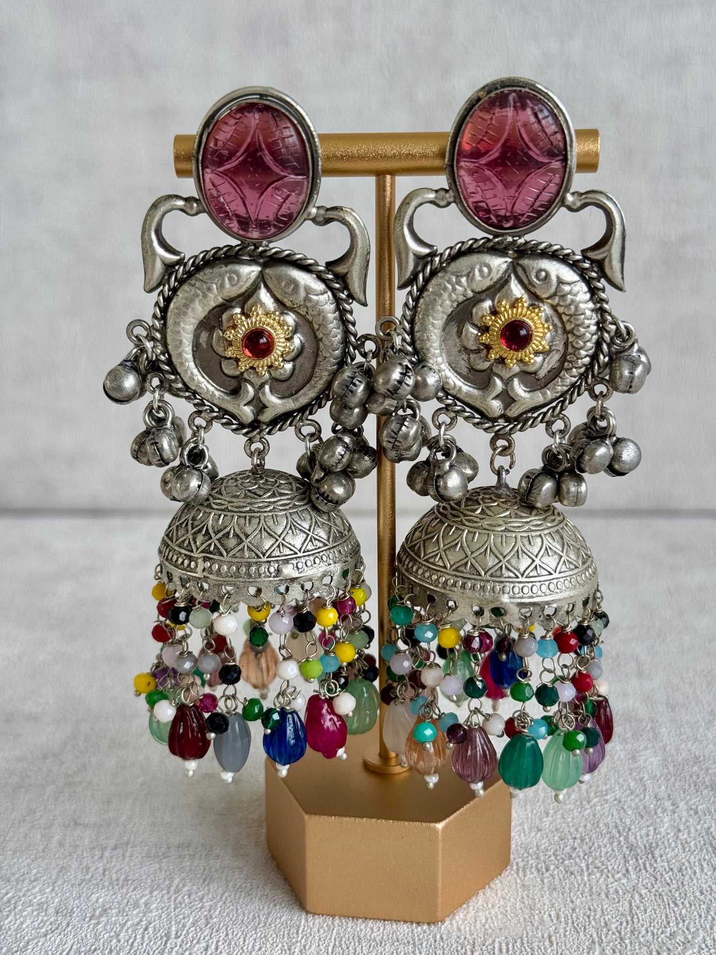 Ayura Designs Meera Earrings – Antique Silver with Multicolour Beads & Carved Glass Stone