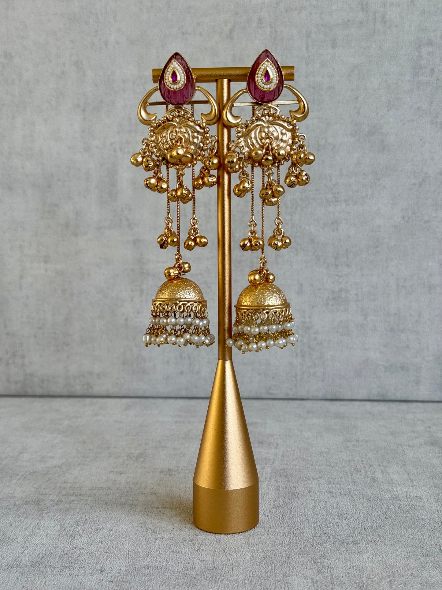 Ayura Designs Prisha Earrings – Antique Gold Jhumkas with Ruby Red Studs, Pearl Detailing & Long Dangling Chains
