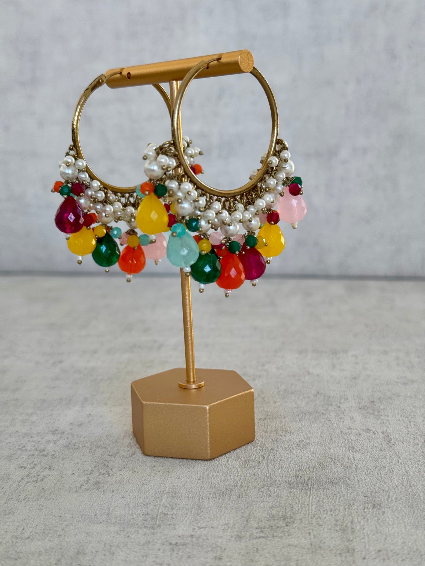 Ayura Designs Jhanak Balis – Multicolor Gemstone & Pearl Hoops