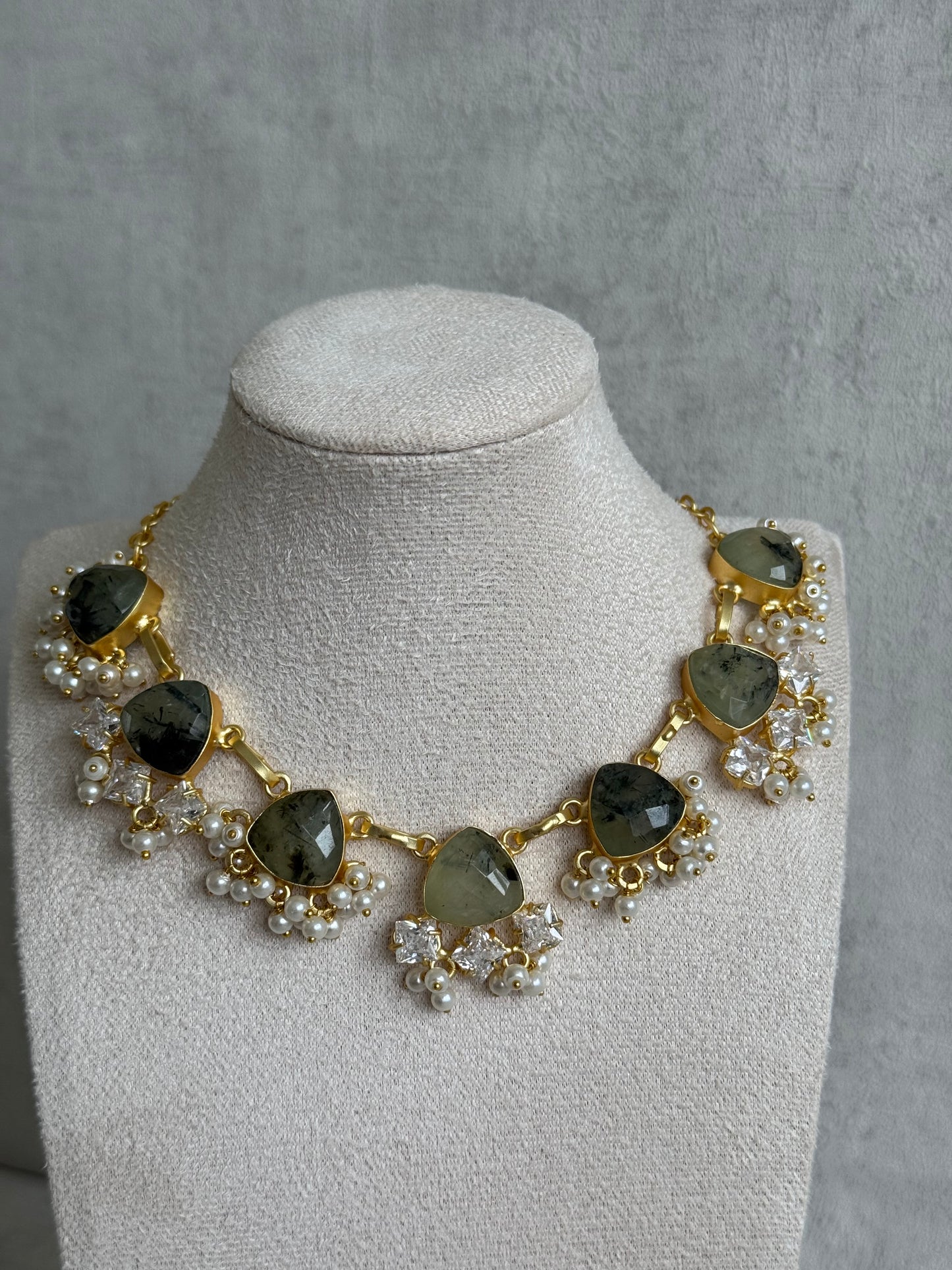 Ayura Designs Lala Set with Tikka & Earrings – Prehnite, Swarovski Crystals & Pearls