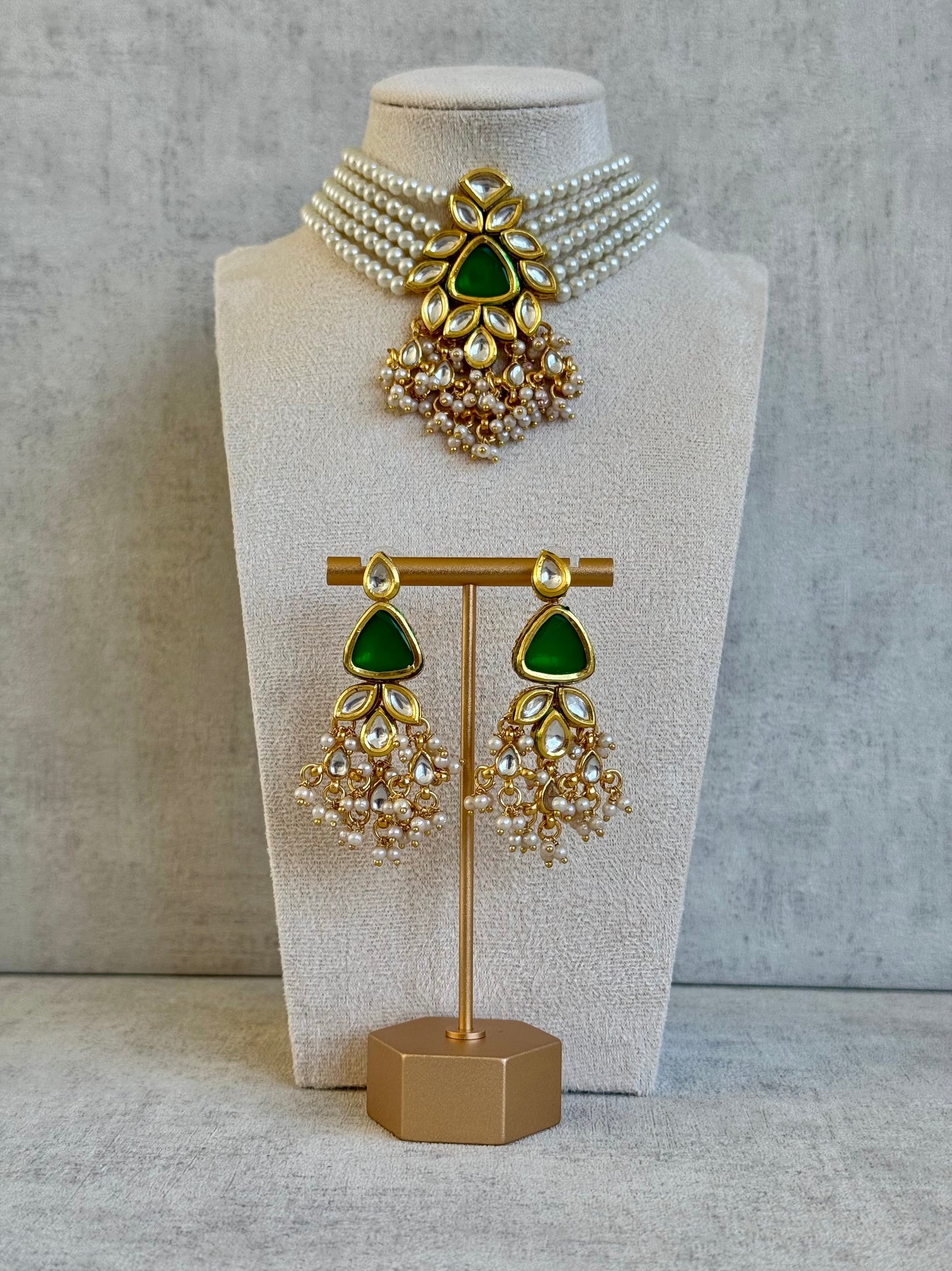 Ayura Designs Elina Set – Pearl Choker & Earrings with Green Stone Centerpiece and Kundan Detailing