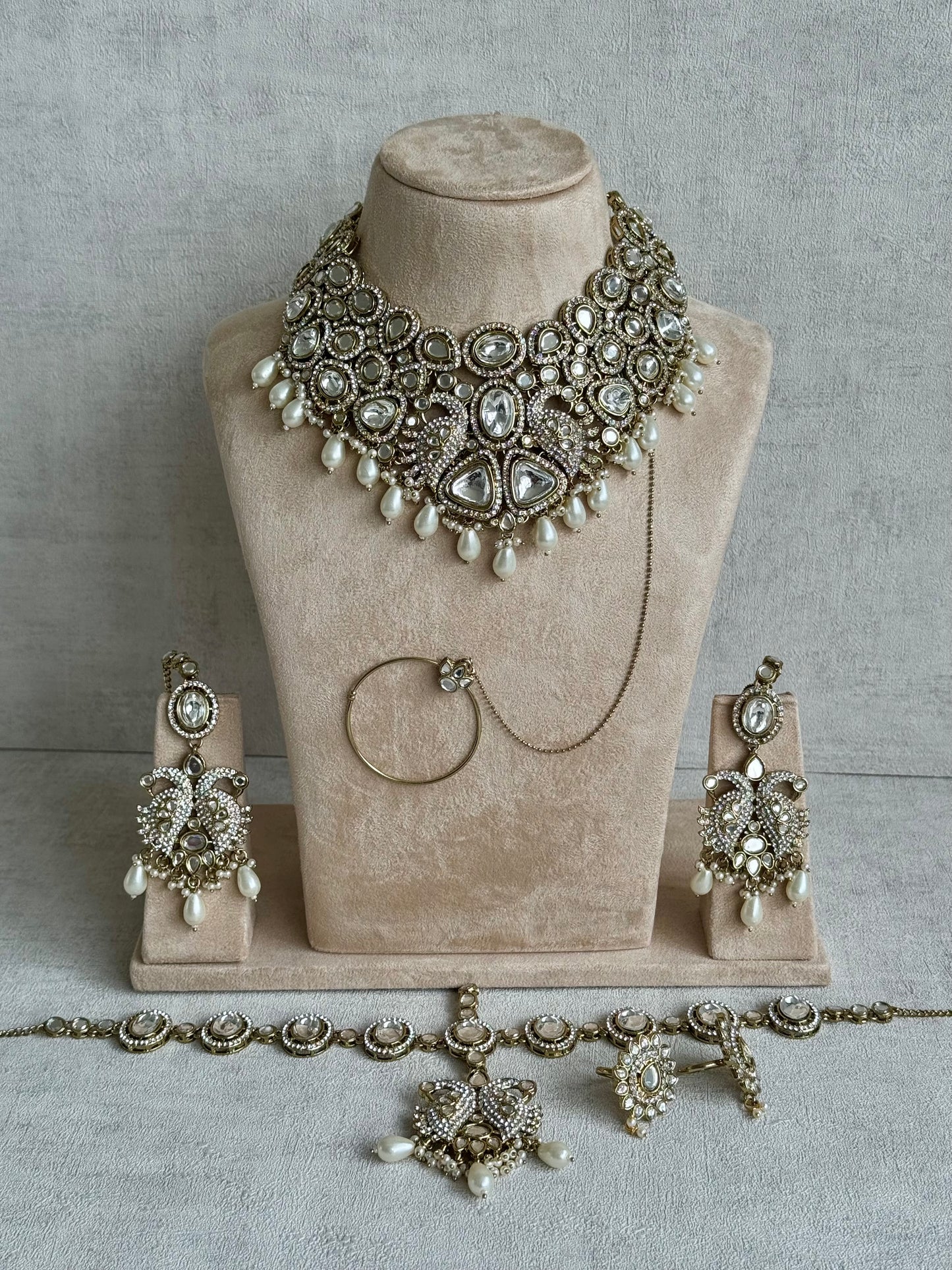 Ayura Designs Tajdar Bridal Set with Necklace, Jhumkis, Tikka, Nath, Ring & Sheeshphool – Jadau Kundan Craftsmanship with Mirror-Cut Polki, Ivory Pearl Drops & Antique Silver-Gold Finish
