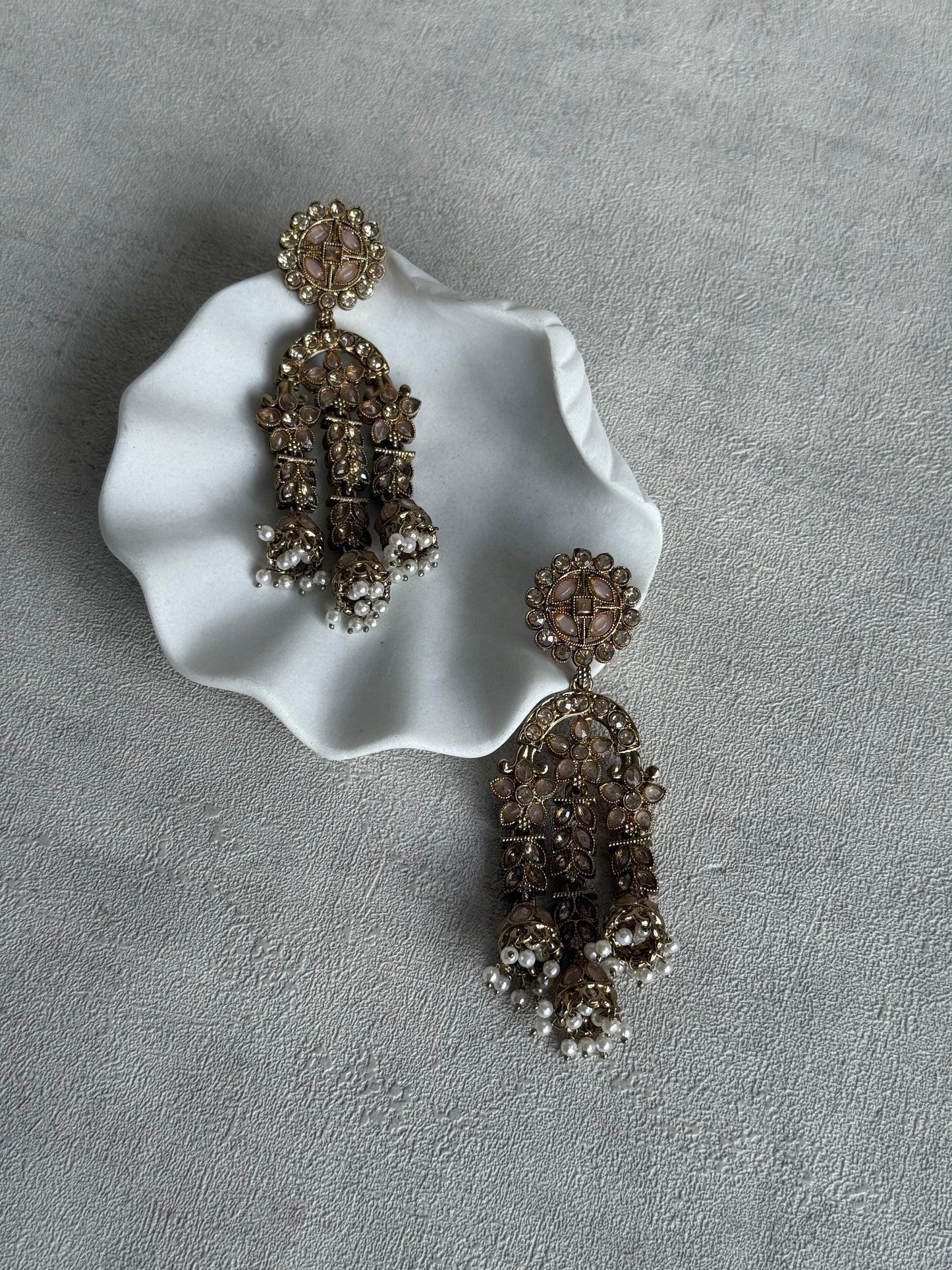 Ayura Designs Soraya Earrings – Blush Pink Stones, Champagne Crystals, Pearl Detailing & Gold Finish