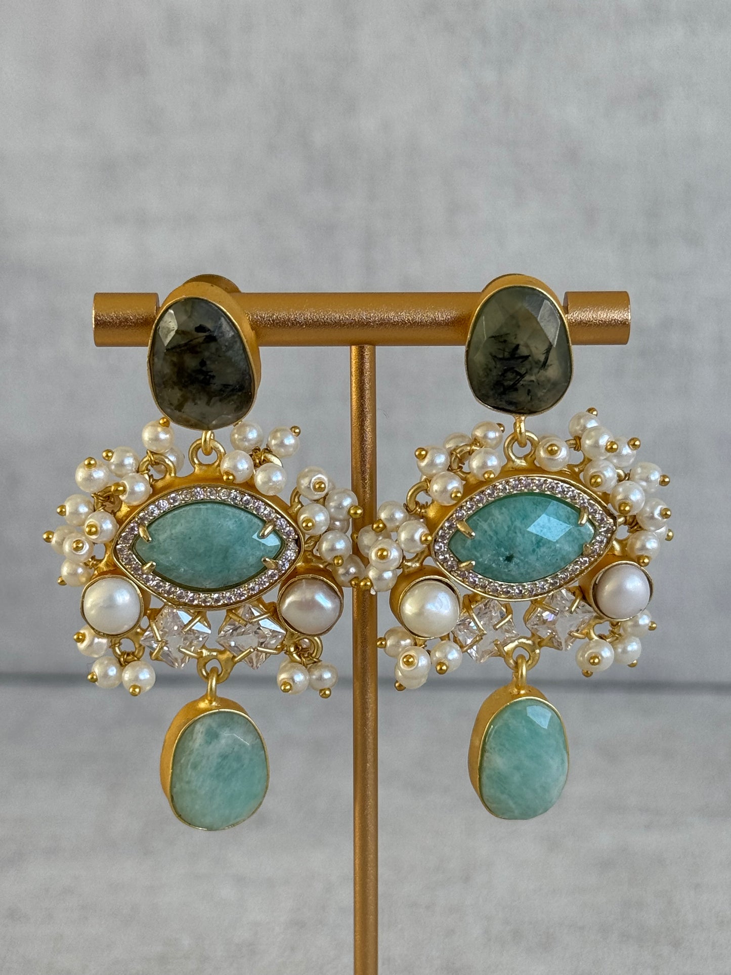 Ayura Designs Aurelia Earrings – Rutilated Quartz, Rose Quartz, Pearls & Crystals