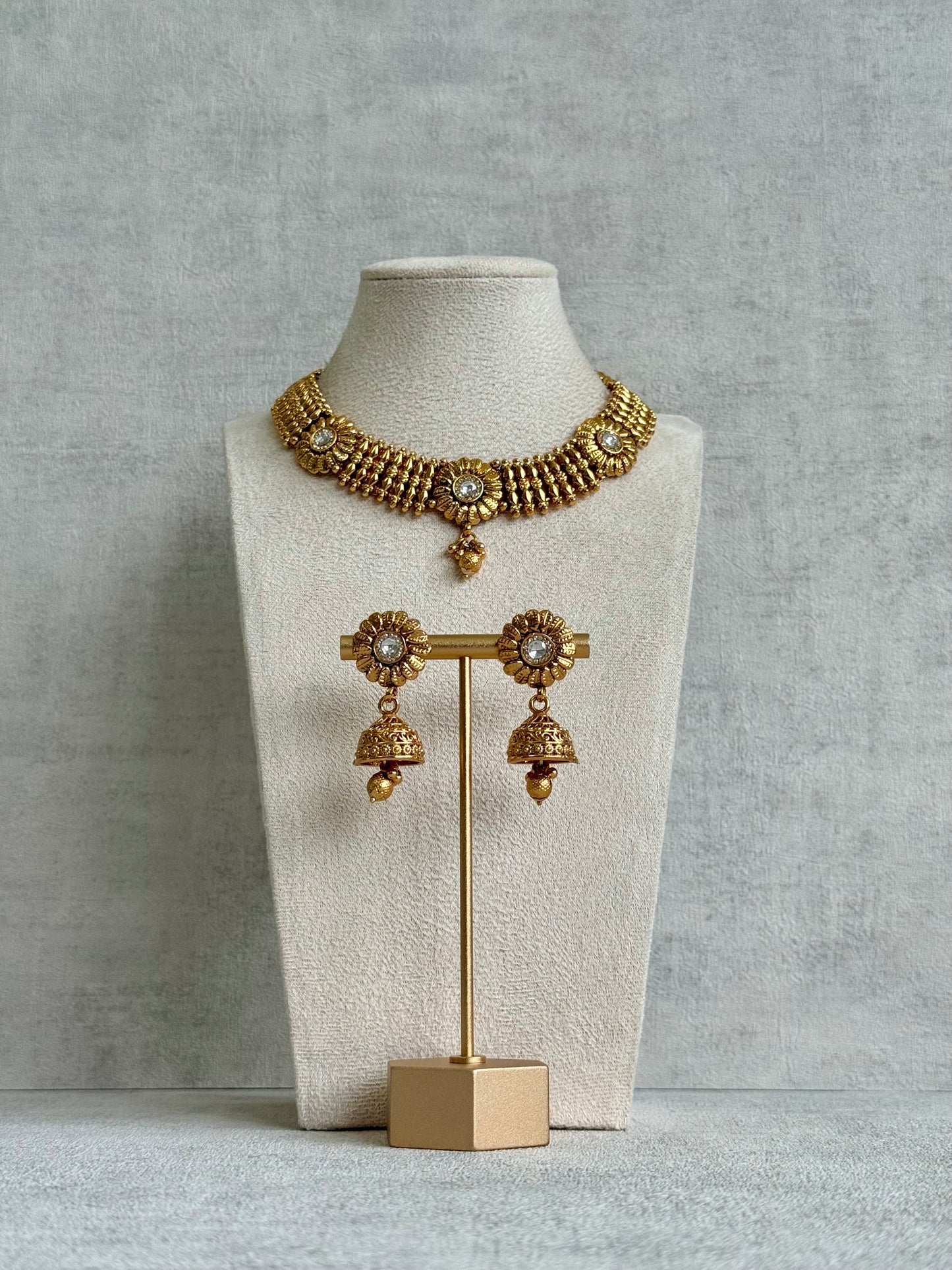 Ayura Designs Arisa Choker Set with Jhumkis – Antique Gold Floral Motifs with Ghungroo Drops