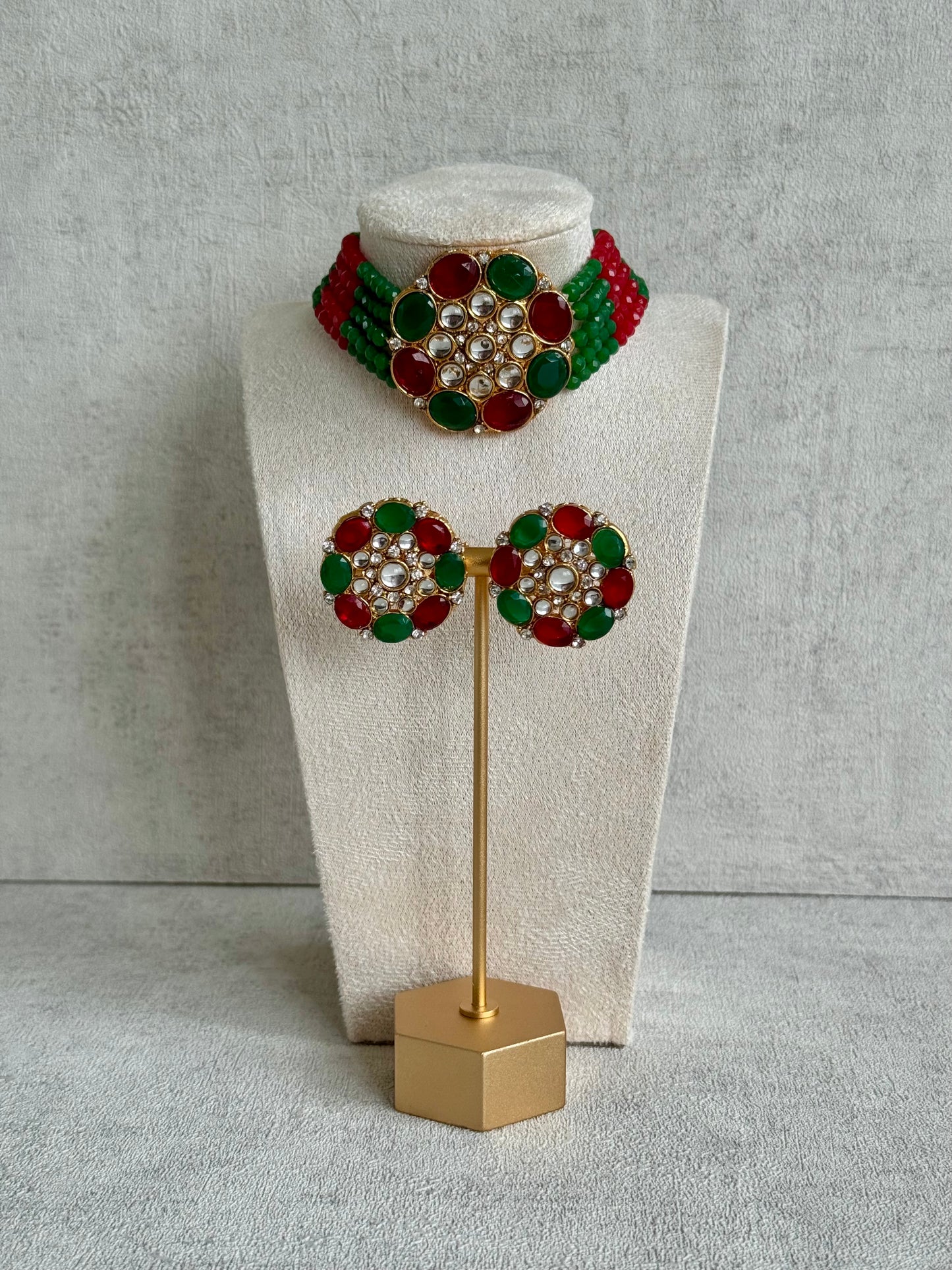 Ayura Designs Yasmin Kundan Choker Set with Studs – Ruby Red & Emerald Green Beads with Mirror-Cut Stones