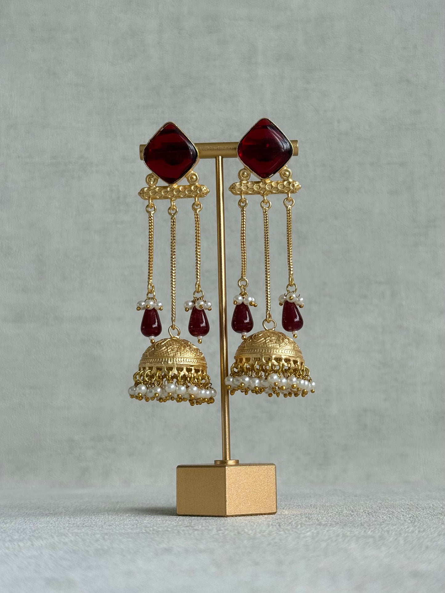 Ayura Designs Mahwina Jhumkis – Ruby Red Stones with Chain Drops & Pearl Detailing