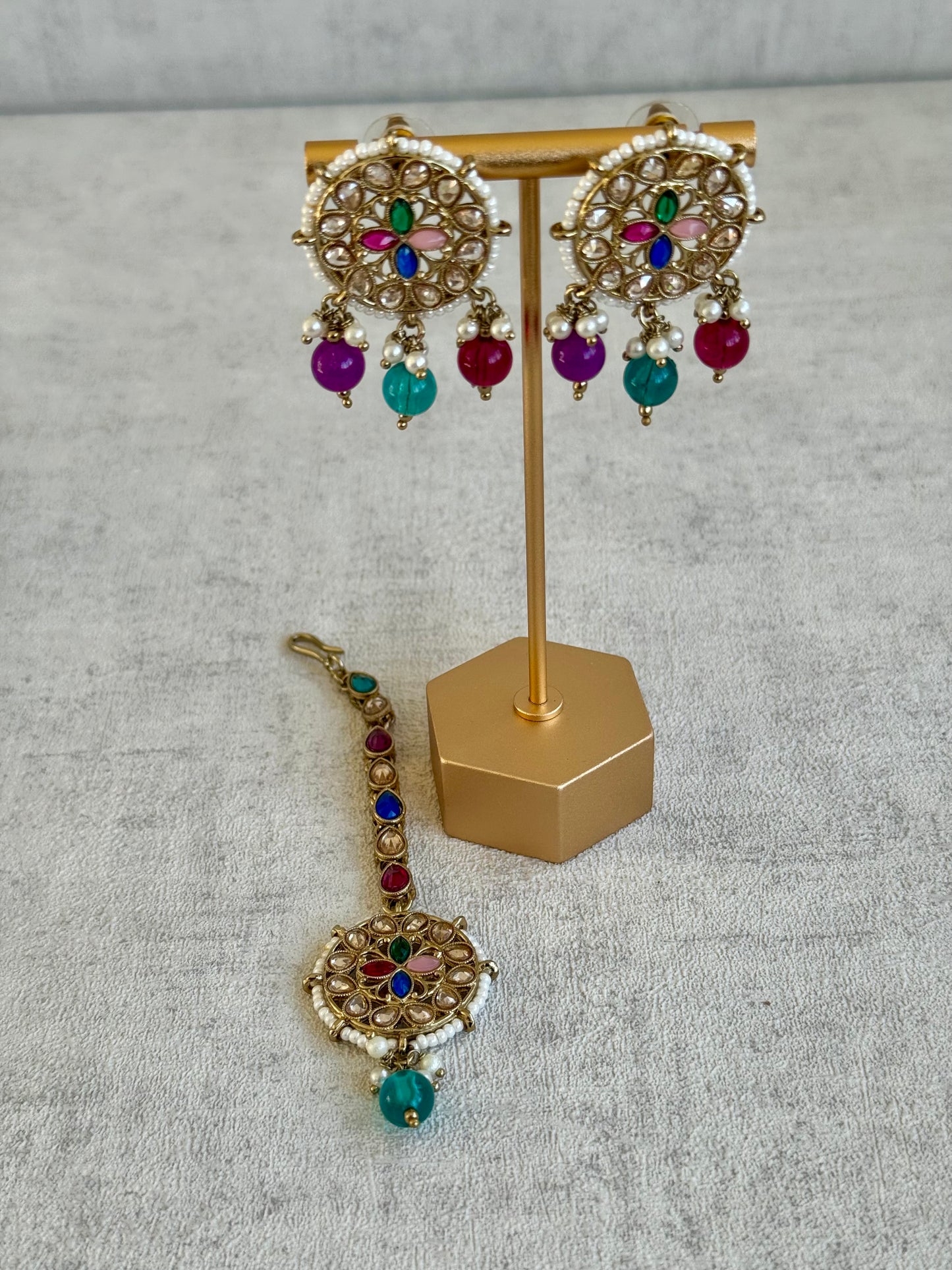 Ayura Designs Ifrah Tikka Set with Studs – Multicolour Stones, Kundan Work & Gold Finish