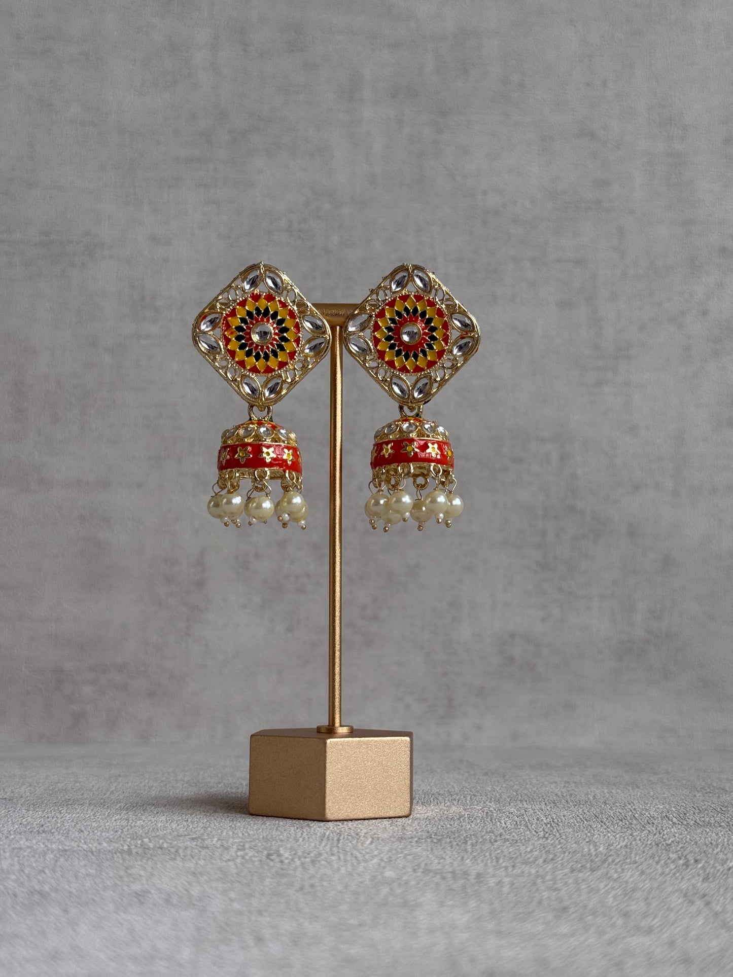 Ayura Designs Rangoli Jhumkis – Marigold Yellow, Ruby Red & Green Meenakari with Pearl Drops in Antique Gold Finish