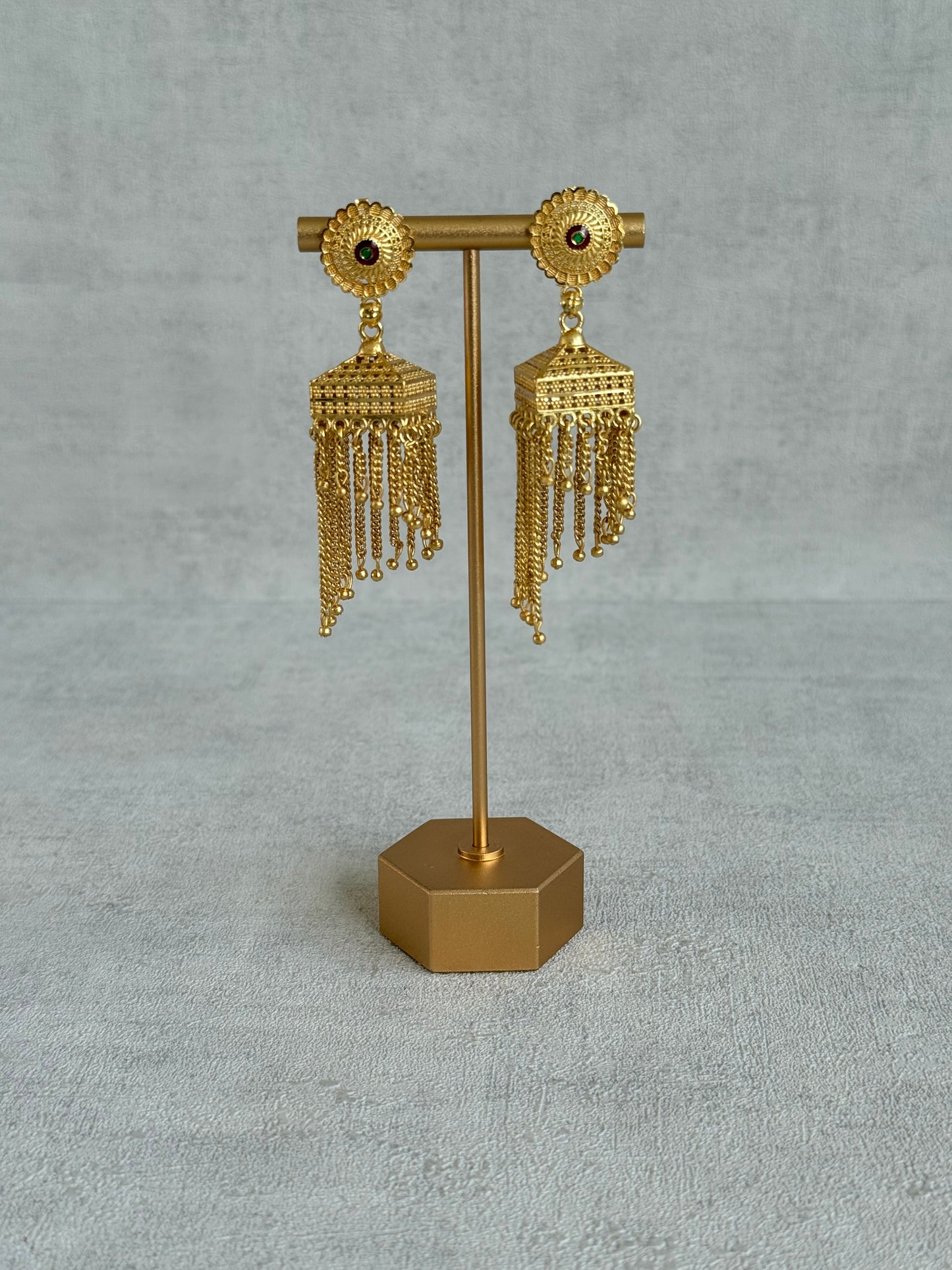 Ayura Designs Raati Jhumkis – Gold Chain Tassel Statement Earrings