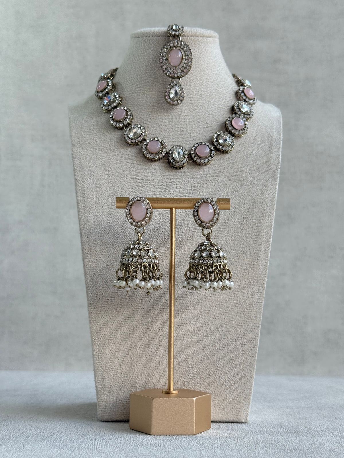 Ayura Designs Eira Necklace Set with Earrings & Tikka – Blush Pink & Crystal Stones with Antique Gold Finish