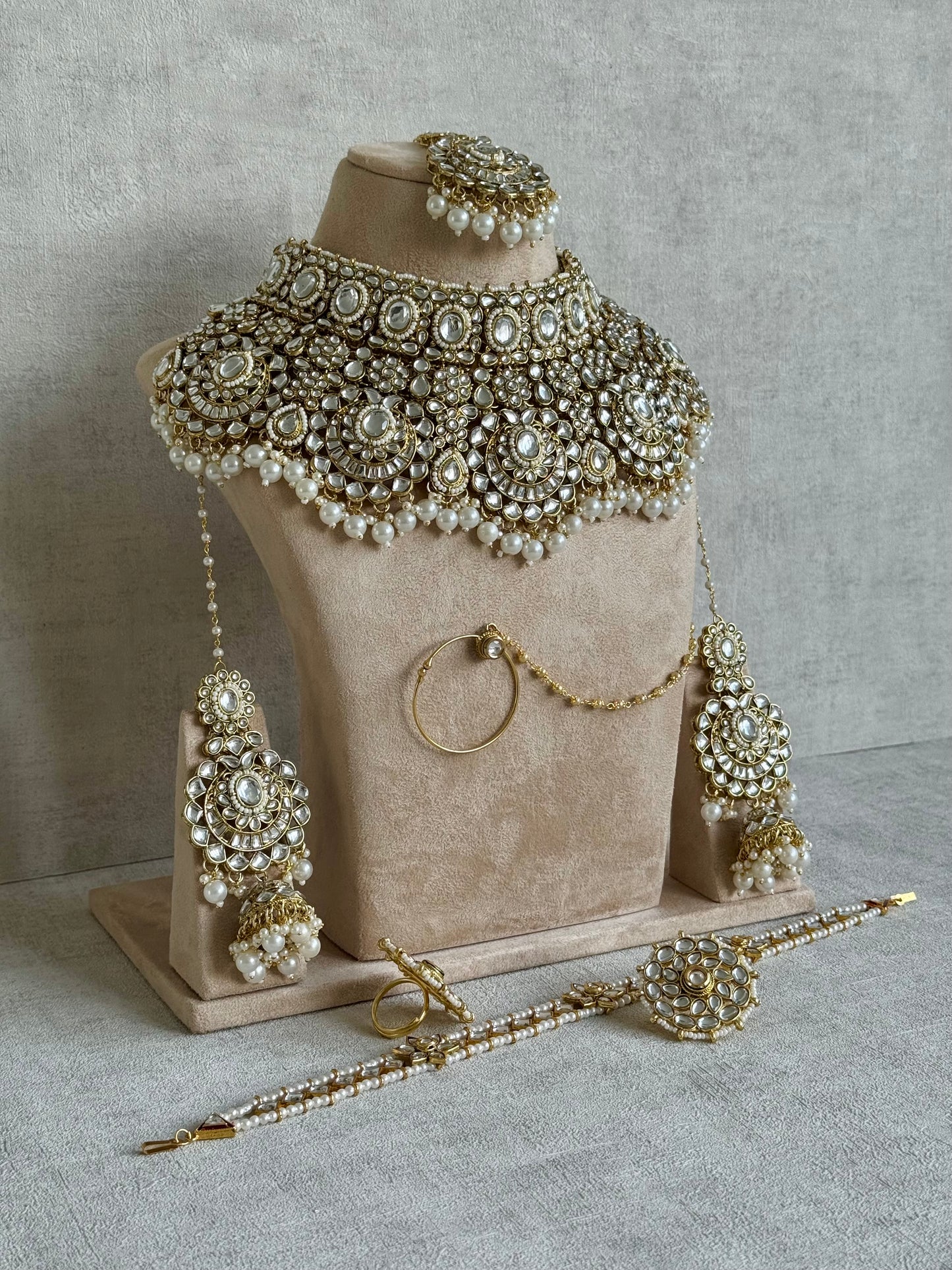 Ayura Designs Meherbano Bridal Set with Necklace, Jhumkis, Tikka, Nath, Ring & Sheeshphool – Mirror-Cut Stones with Pearl Detailing