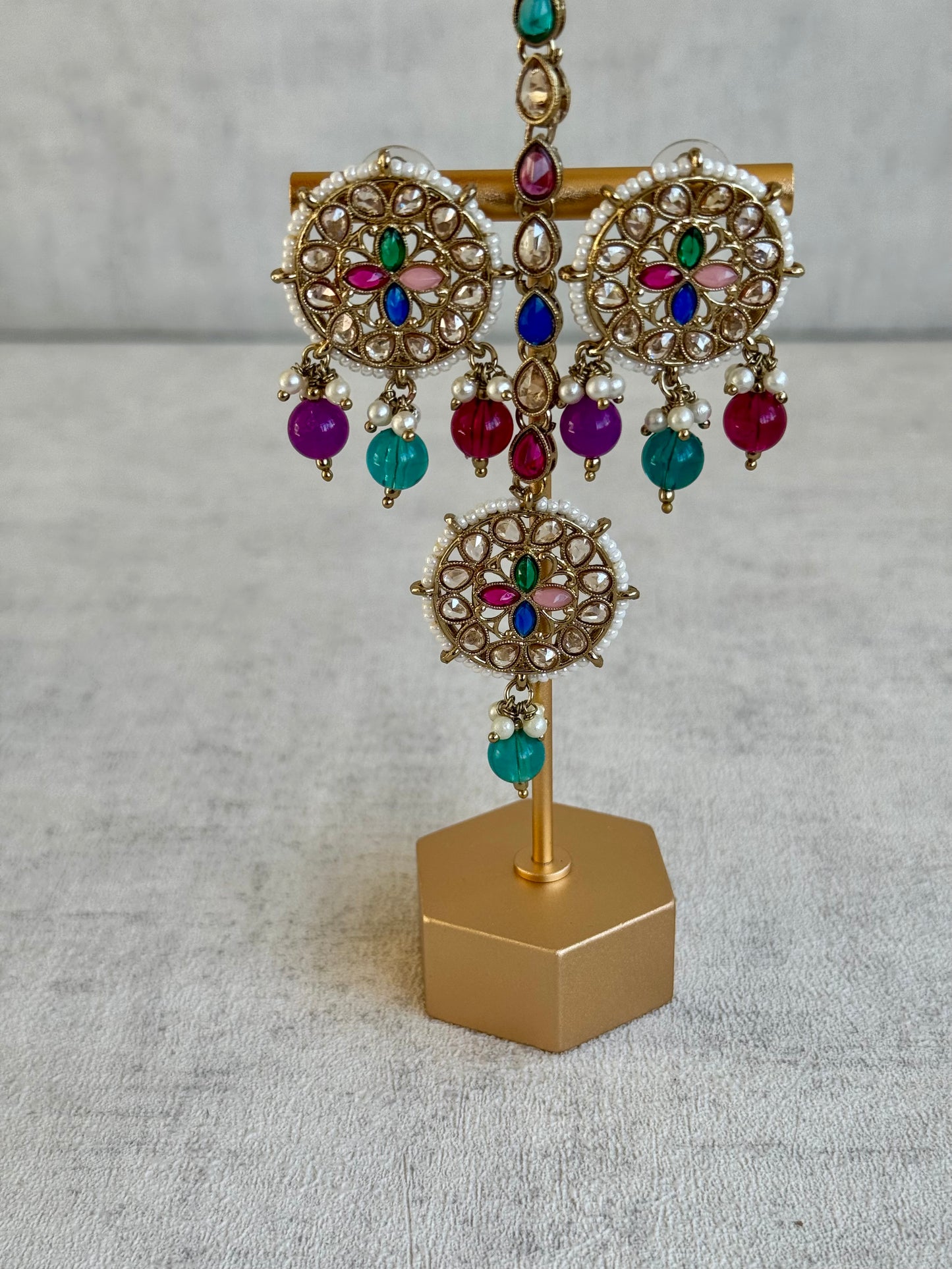 Ayura Designs Ifrah Tikka Set with Studs – Multicolour Stones, Kundan Work & Gold Finish