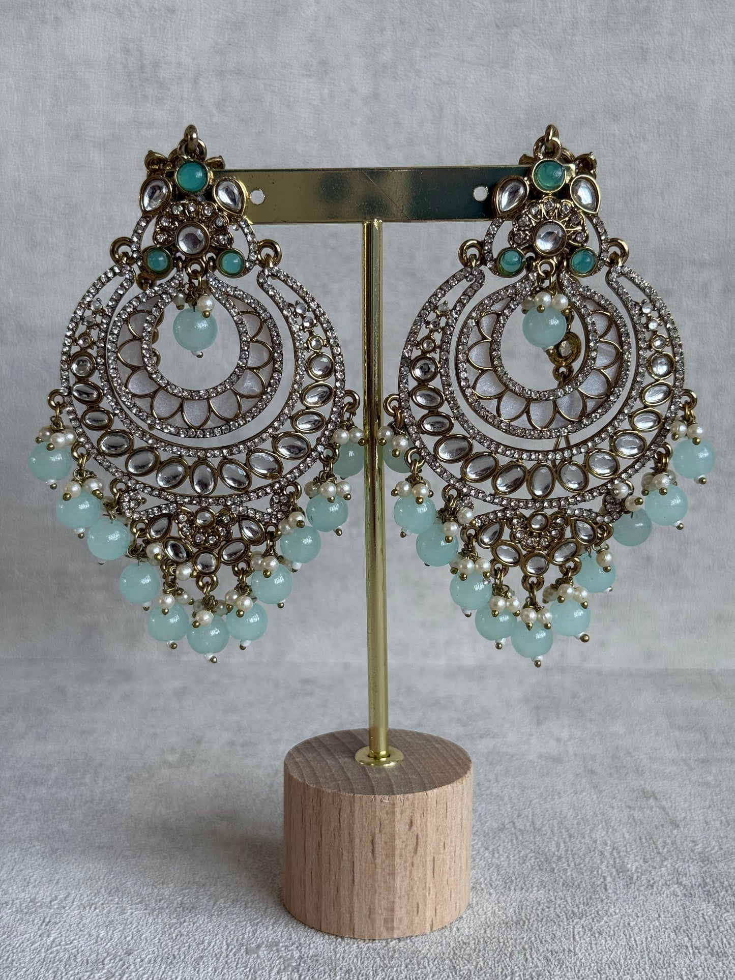 Ayura Designs Rabia Chandbalis – Antique Gold Kundan Earrings with Aqua Beads, Pearls & Attached Sahare