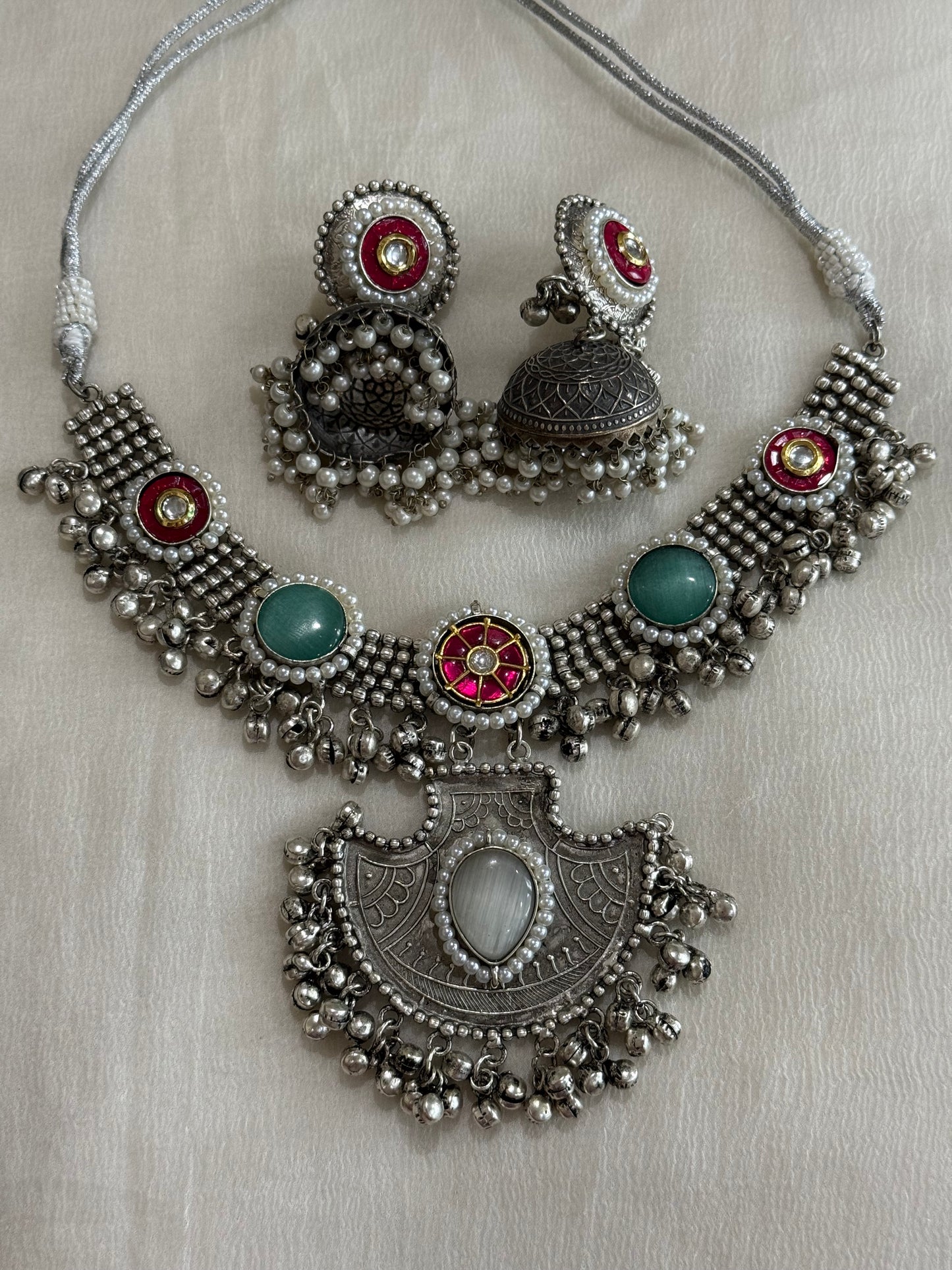 Ayura Designs Zareefa Necklace Set with Jhumkis – Oxidised Silver Pendant Necklace with Multicolour Stones, Pearl Detailing & Ghungroo Accents