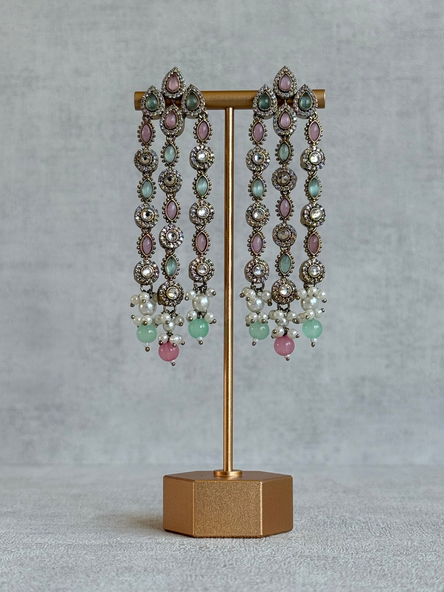 Ayura Designs Emilia Earrings – Gold Triple Strand Statement Earrings with Mint Green & Blush Pink Stones & Pearl Drops