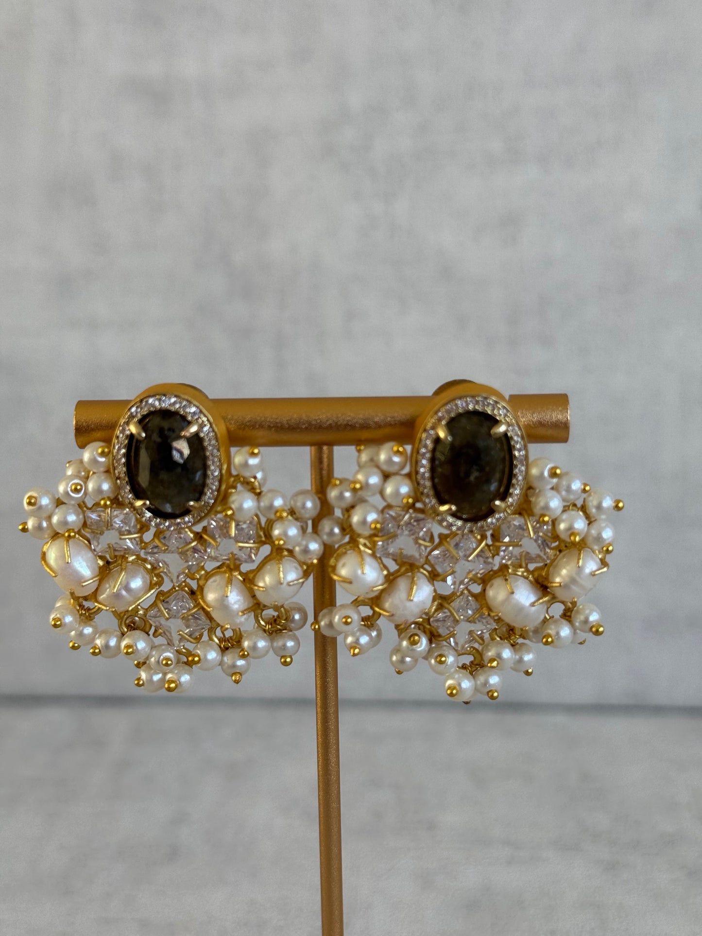 Ayura Designs Celeste Earrings – Dark Quartz, Baroque Pearls & Crystals