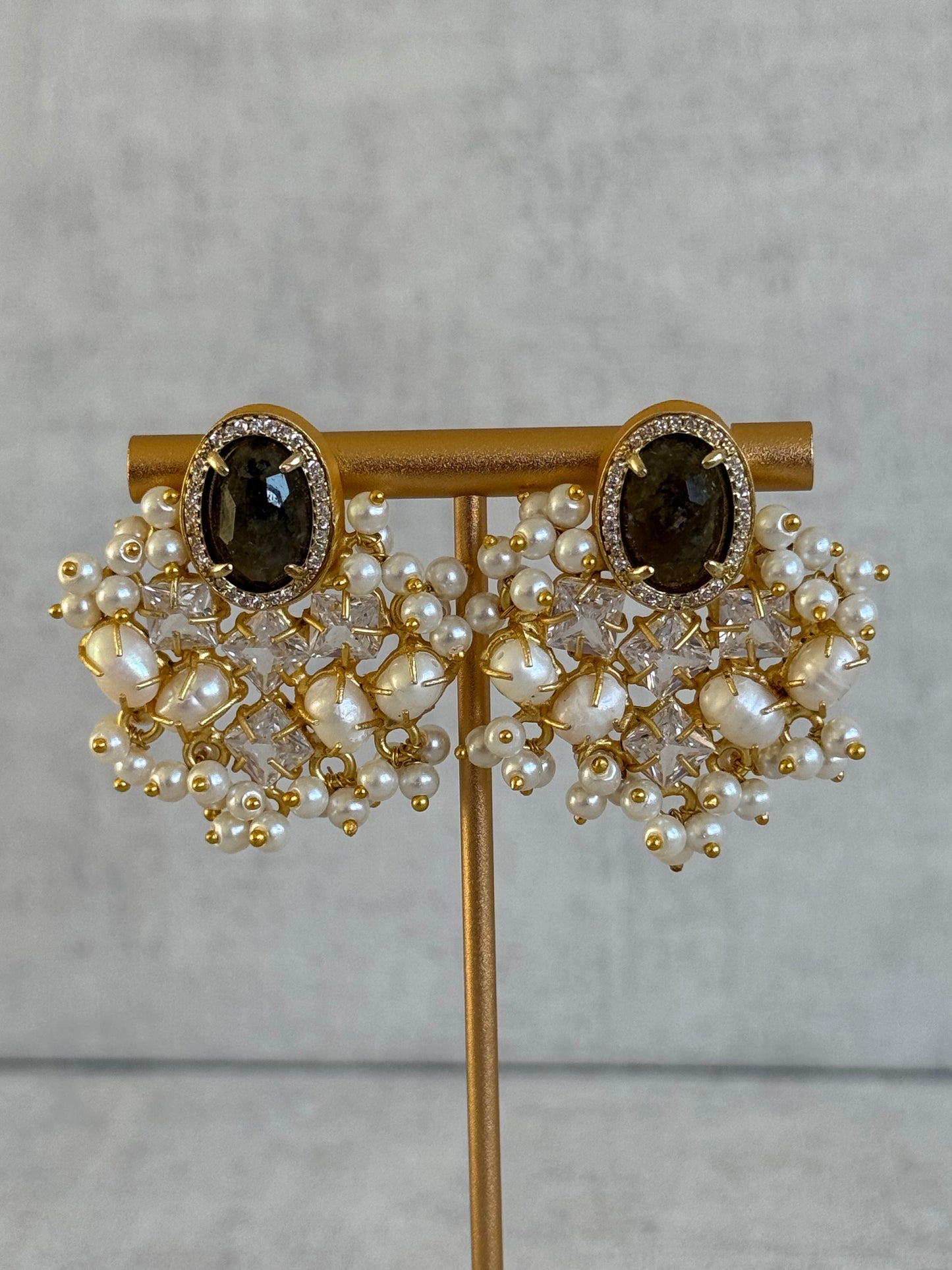 Ayura Designs Celeste Earrings – Dark Quartz, Baroque Pearls & Crystals