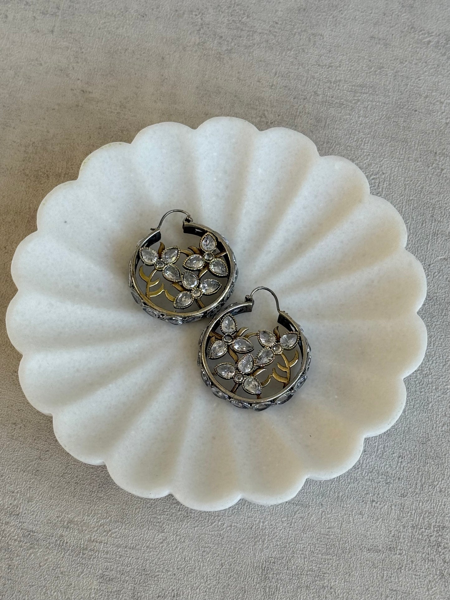 Ayura Designs Nureh Earrings – Dual Tone Floral Hoop Earrings with Crystal Stones & Cutwork Detailing