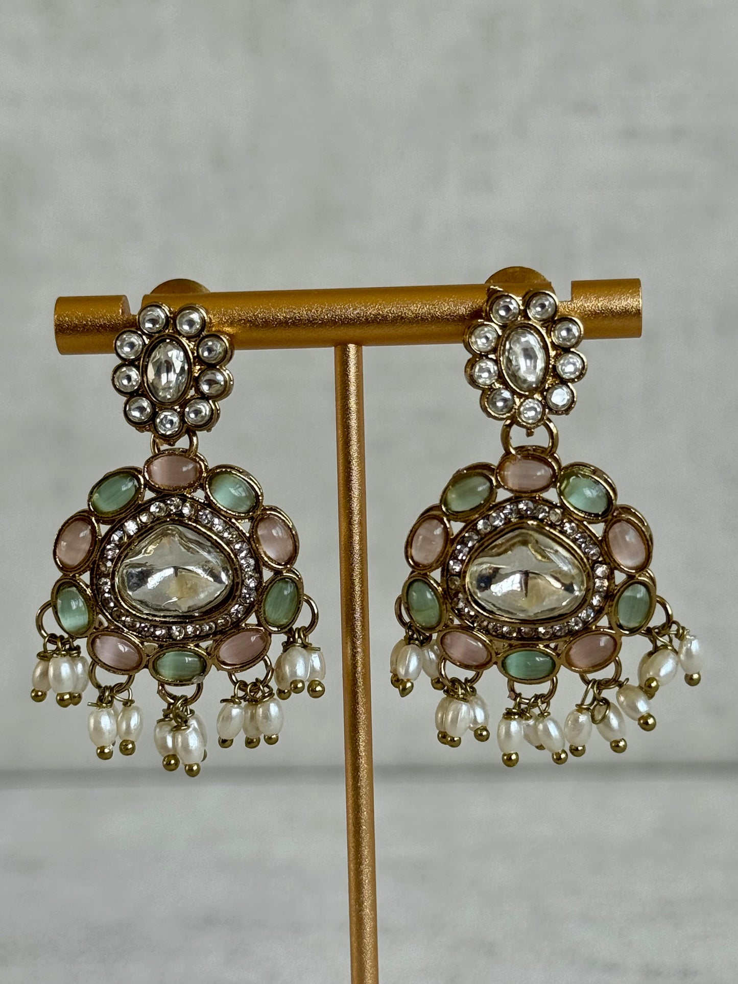 Ayura Designs Warda Set with Earrings & Tikka – Pistachio Green & Blush Pink Stones, Pearls & Antique Gold Finish