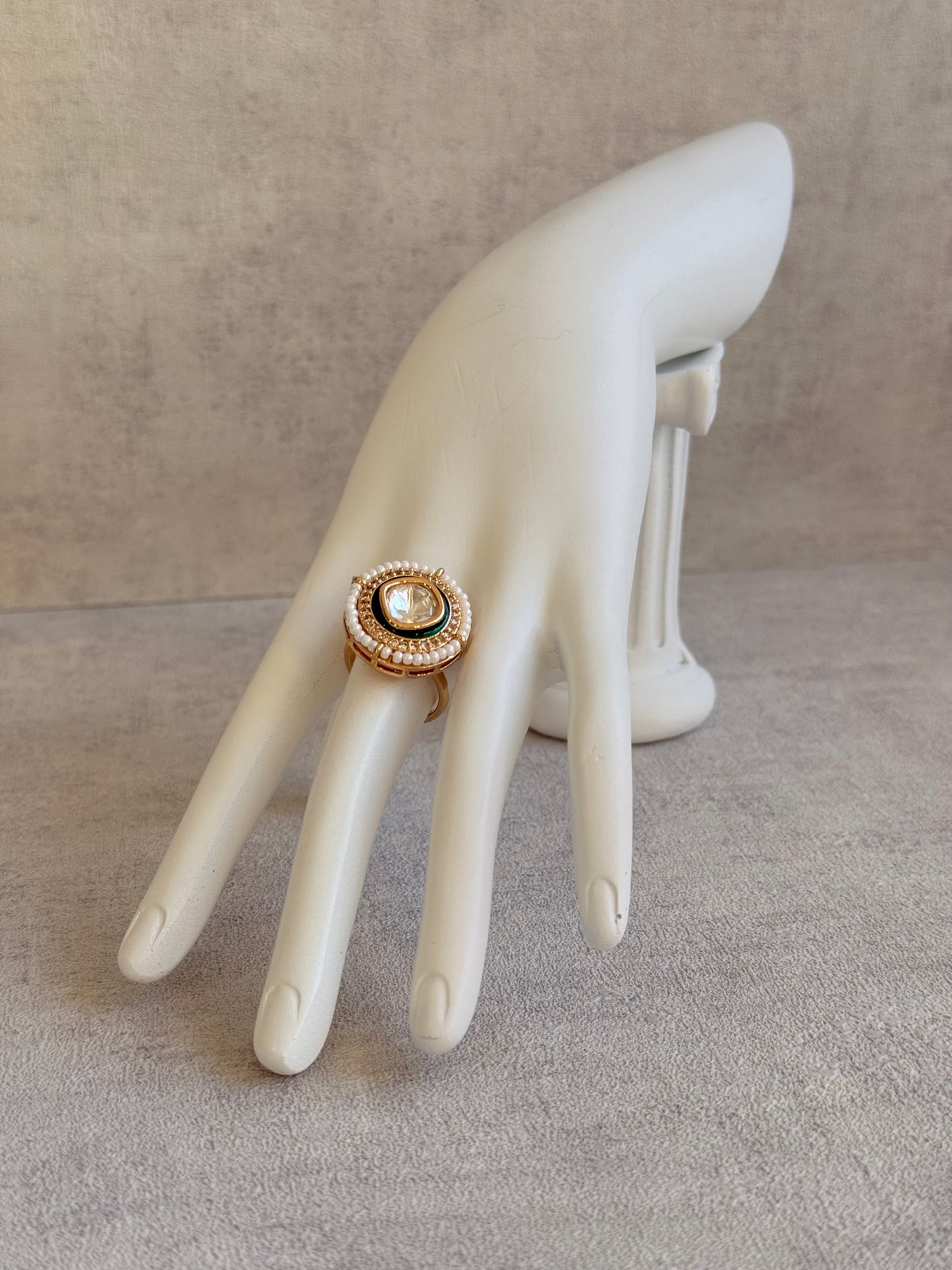 Ayura Designs Roselle Adjustable Ring – Moissanite Centre with Crystal Border & Ivory Pearls