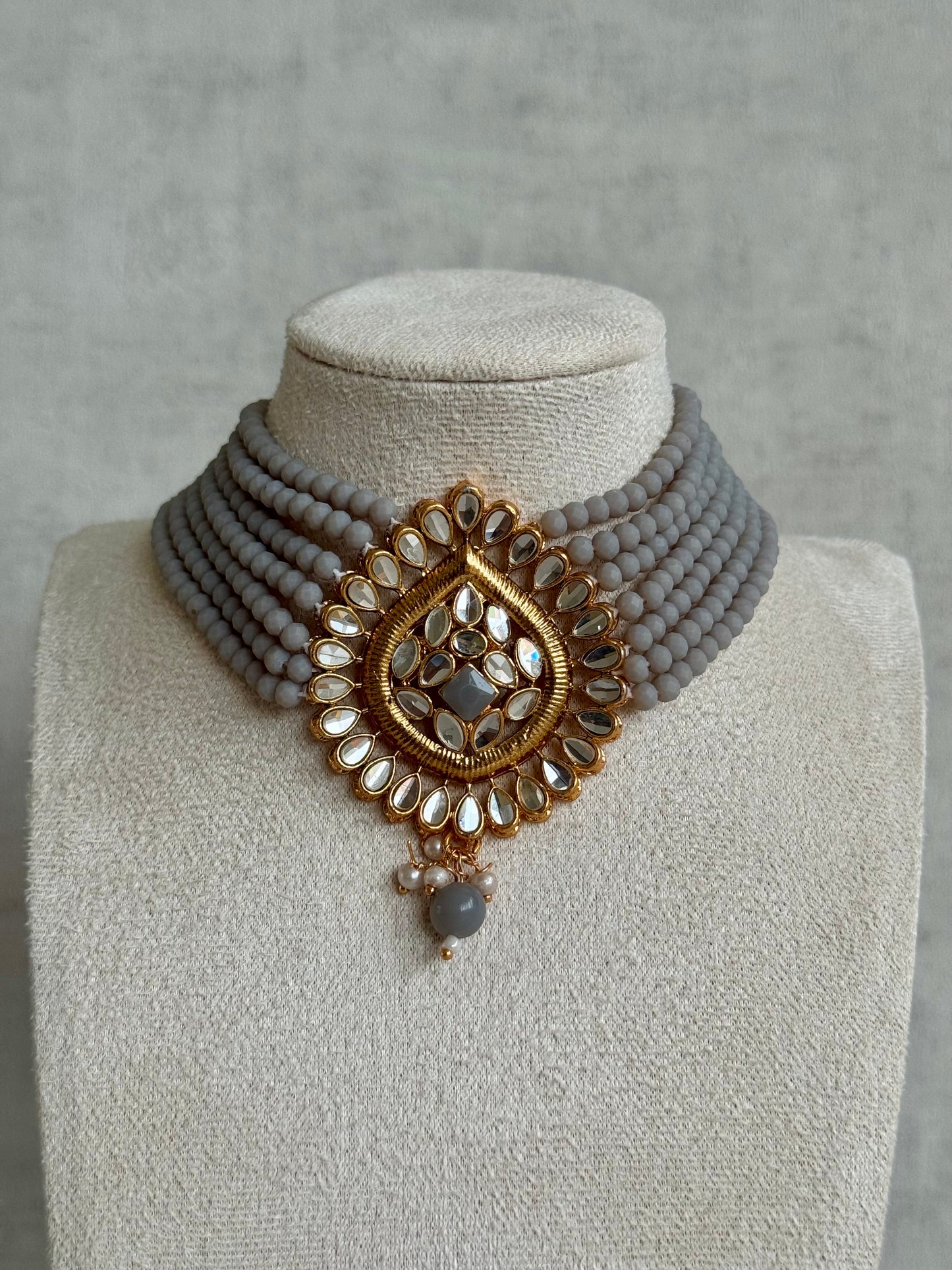 Ayura Designs Baani Kundan Choker with Earrings – Slate Grey Stones & Pearl Detailing