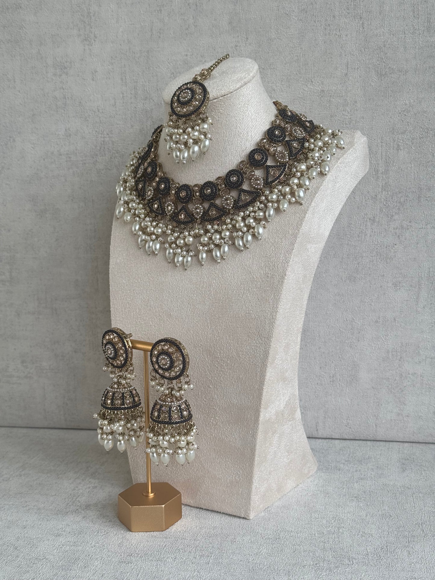 Ayura Designs Noorza Set with Jhumkis & Tikka – Antique Gold and Navy Blue Finish, Polki Stones, Crystal Detailing, Pearl Beads & Circular Motifs