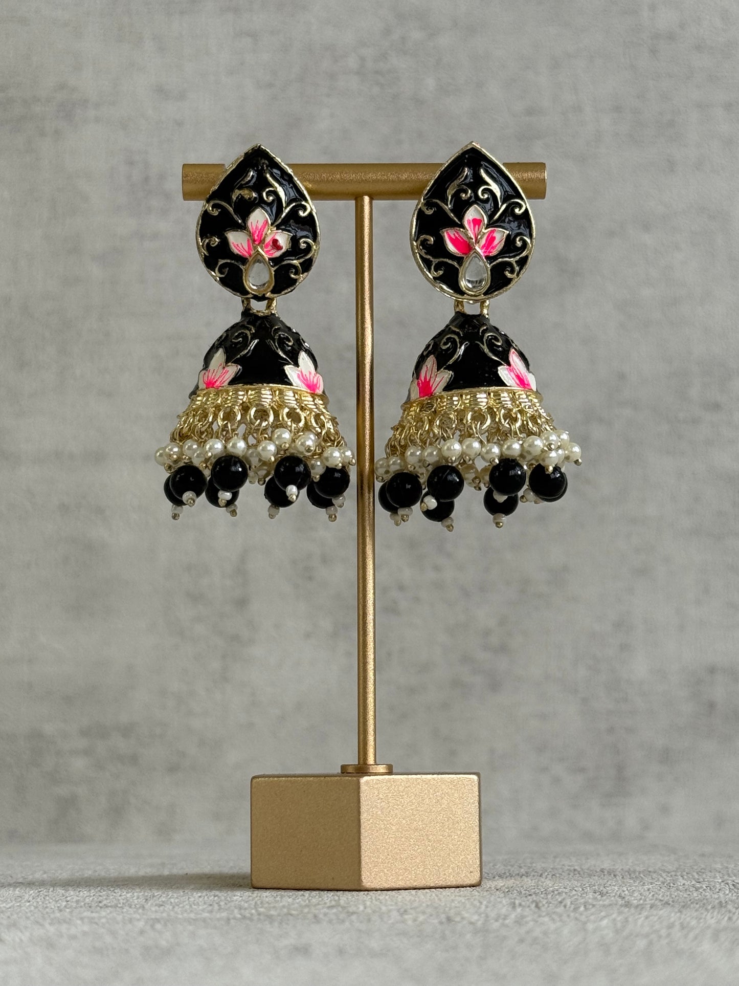 Ayura Designs Gia Jhumkis – Midnight Black Meenakari with Pink Lotus Motifs & Ivory Pearl Drops