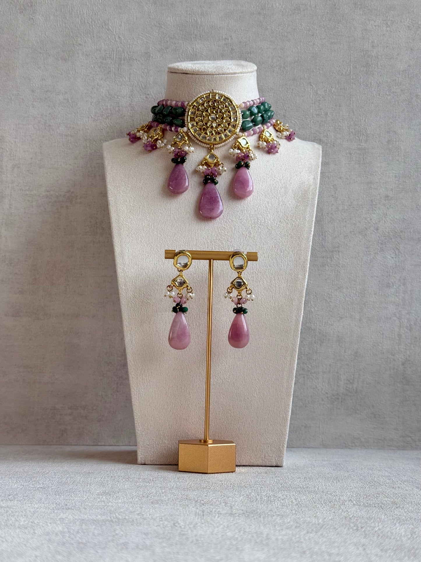 Ayura Designs Rabeeya Kundan Choker Set with Earrings – Blush Pink & Emerald Green Bead Detailing