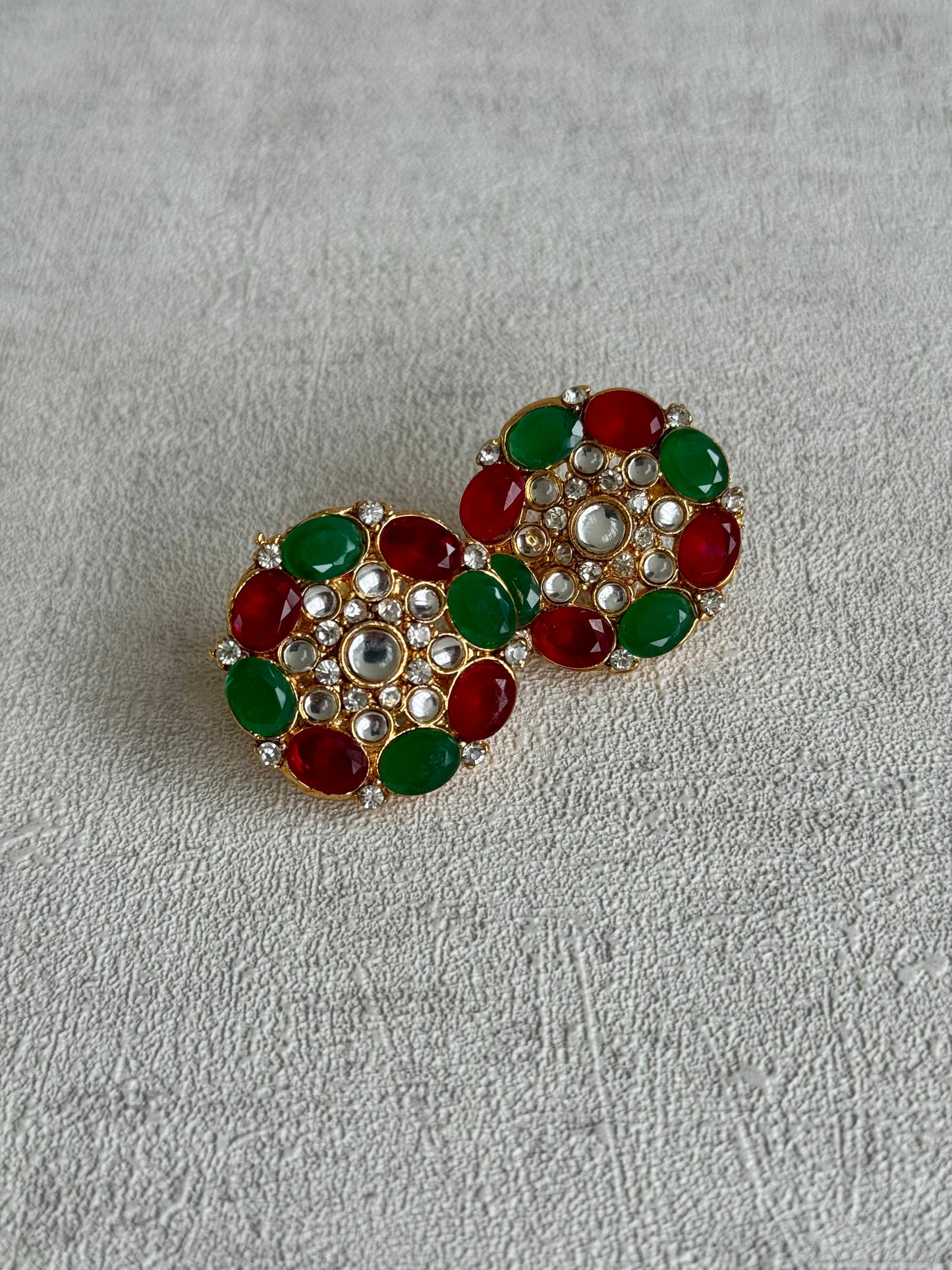 Ayura Designs Yasmin Kundan Choker Set with Studs – Ruby Red & Emerald Green Beads with Mirror-Cut Stones