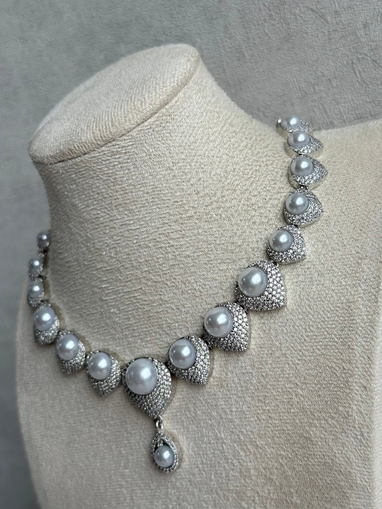 Ayura Designs Juliette Set with Necklace & Drop Earrings – Silver Crystal & Pearl Statement Set