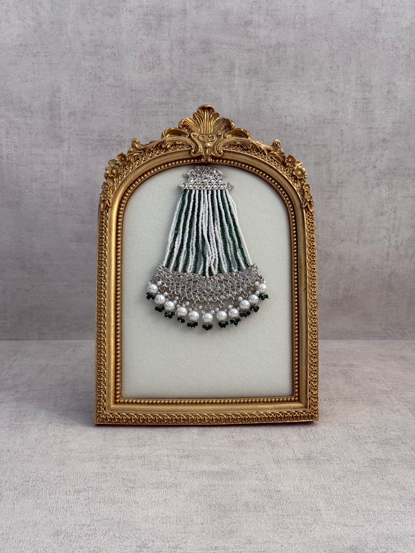 Ayura Designs Ash Jhoomar Passa – Emerald Green Beads with Mirror Cut Stones & Silver Finish