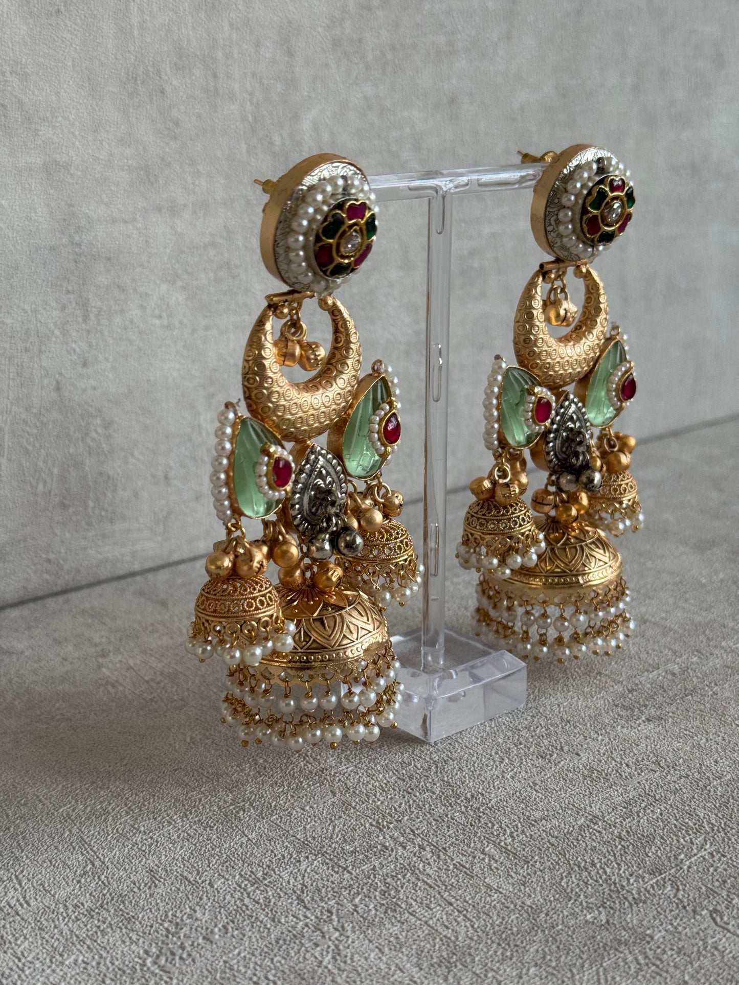 Ayura Designs Wajiha Earrings – Antique Gold Chandbalis with Meenakari Studs, Crescent Drops, Mint Enamel Petals & Layered Pearl Jhumkas