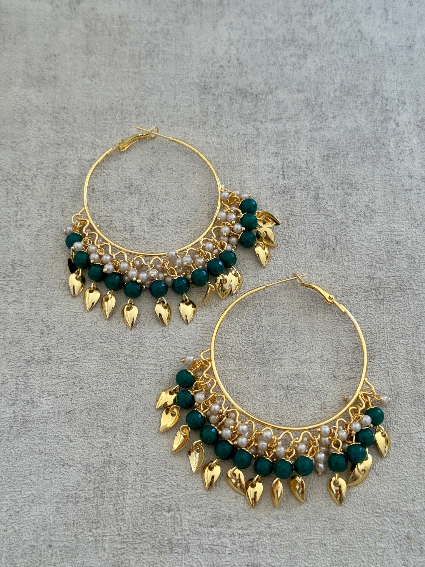 Ayura Designs Riwaaz Bali – Emerald Green Beaded Hoops with Gold Leaf Charms