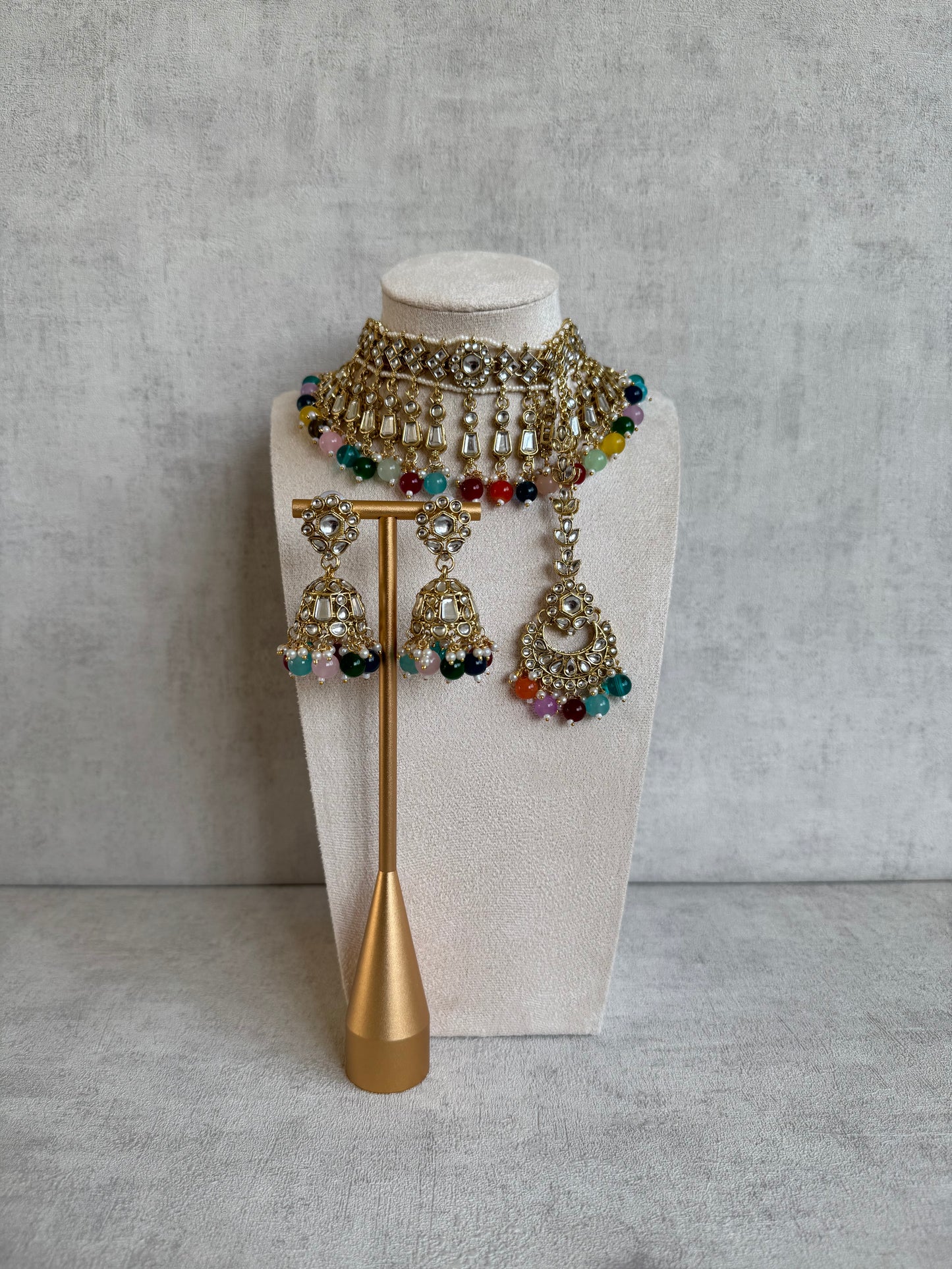 Ayura Designs Shaheen Set with Jhumkis & Tikka – Multicolour Beads, Mirror Kundan & Gold Finish