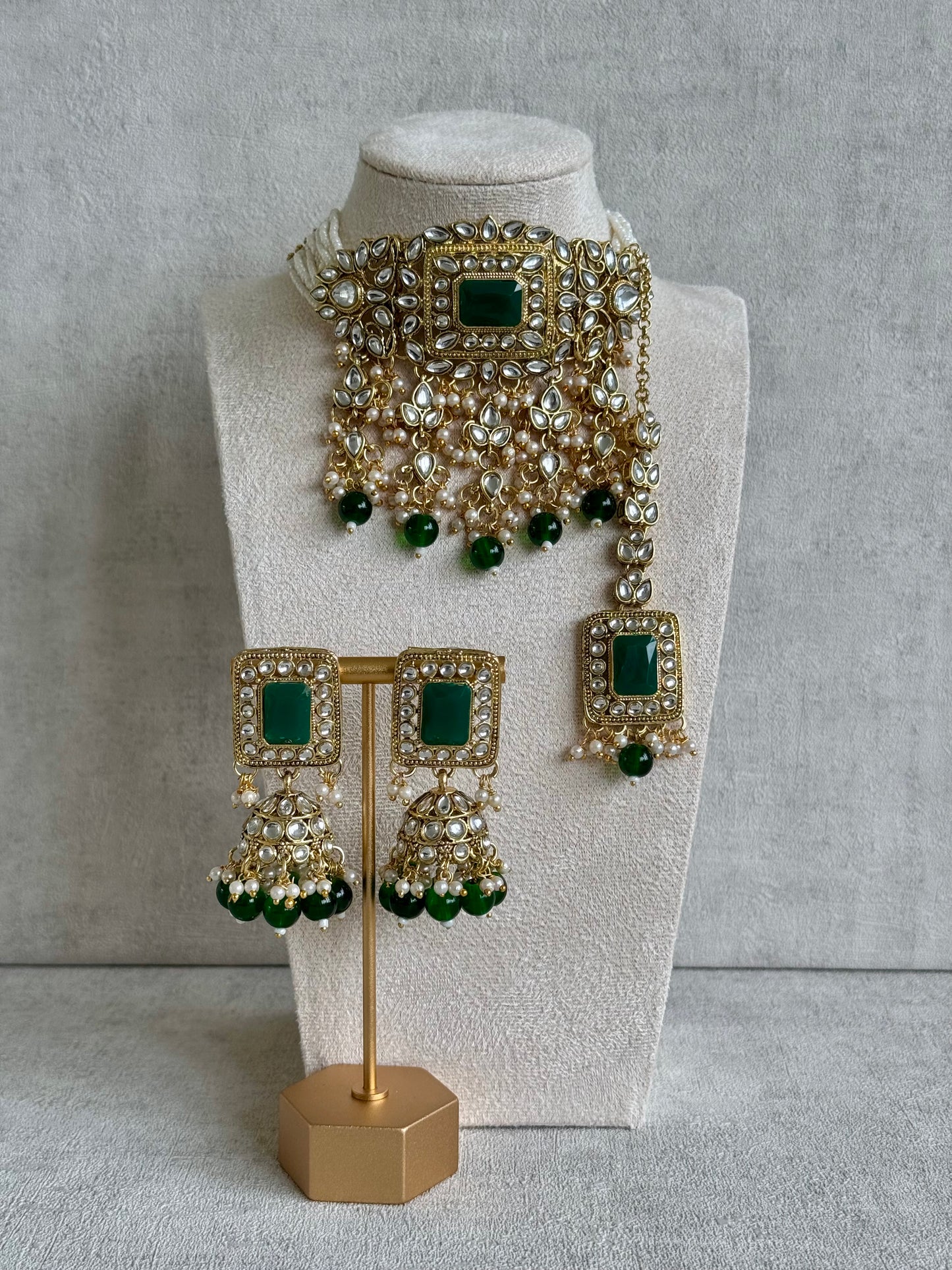 Ayura Designs Maya Set with Jhumkis & Tikka – Emerald Green Stones & Kundan Detailing