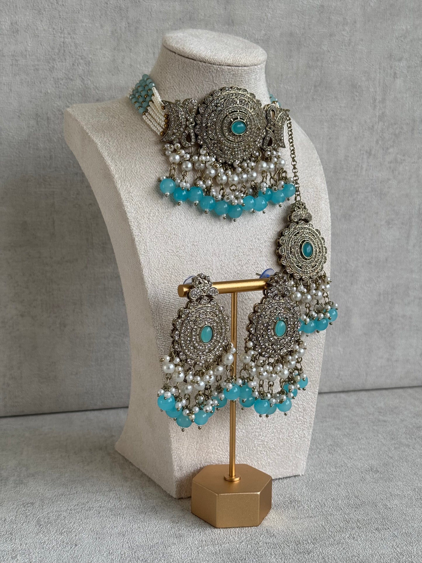 Ayura Designs Zoraiz Choker Set with Earrings & Tikka – Aqua Blue Beads, Pearls & Antique Silver Finish